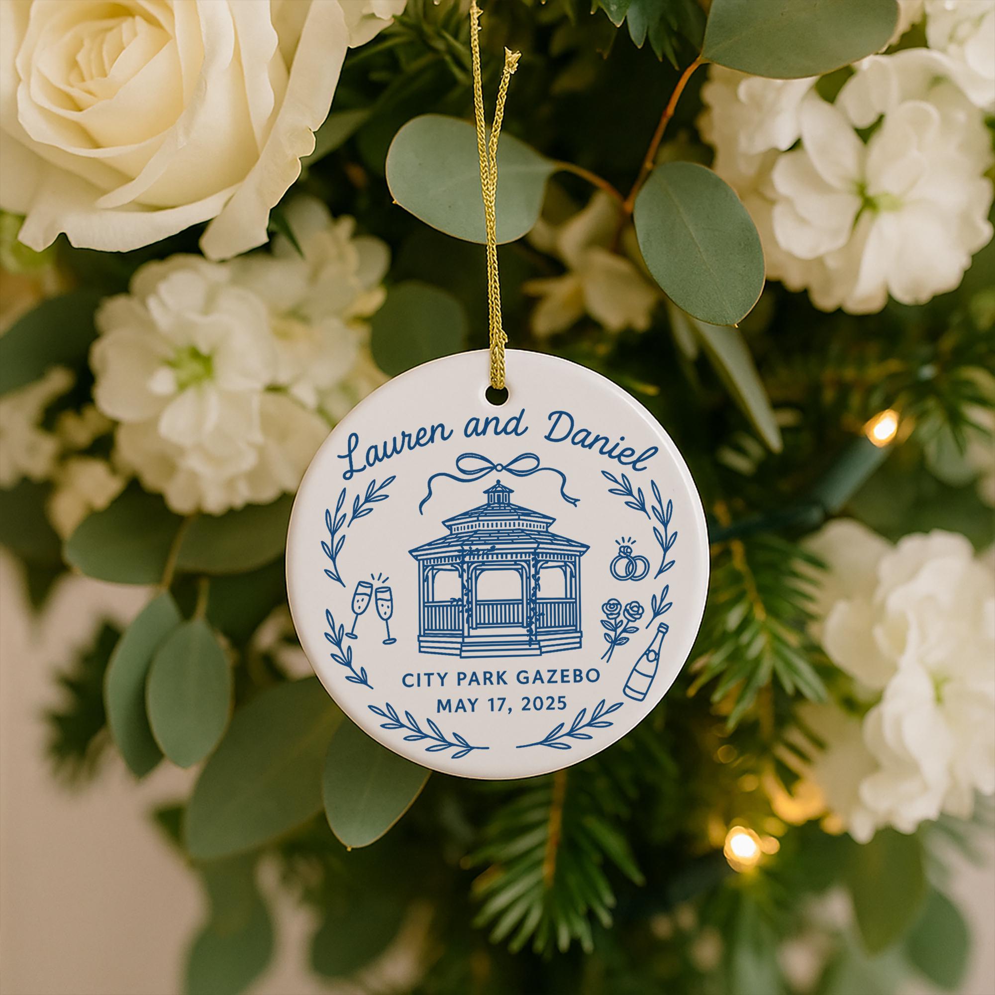 Custom Wedding Venue Ornament, Personalized Bride & Groom Keepsake, Engagement Ornament, Newlywed Christmas Decoration