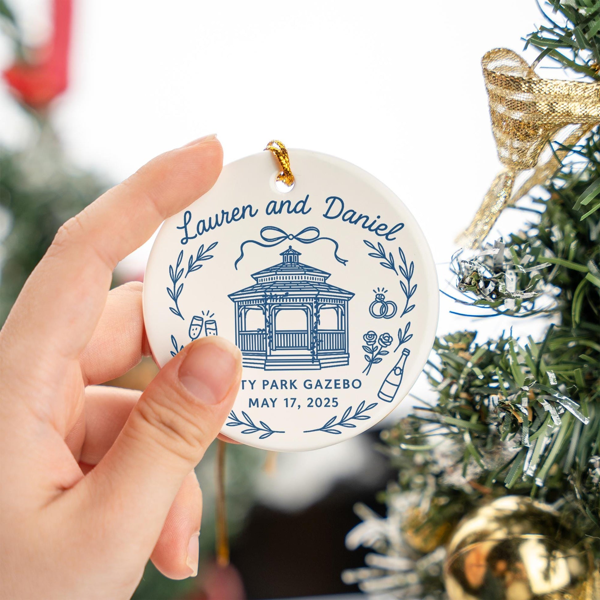 Custom Wedding Venue Ornament, Personalized Bride & Groom Keepsake, Engagement Ornament, Newlywed Christmas Decoration