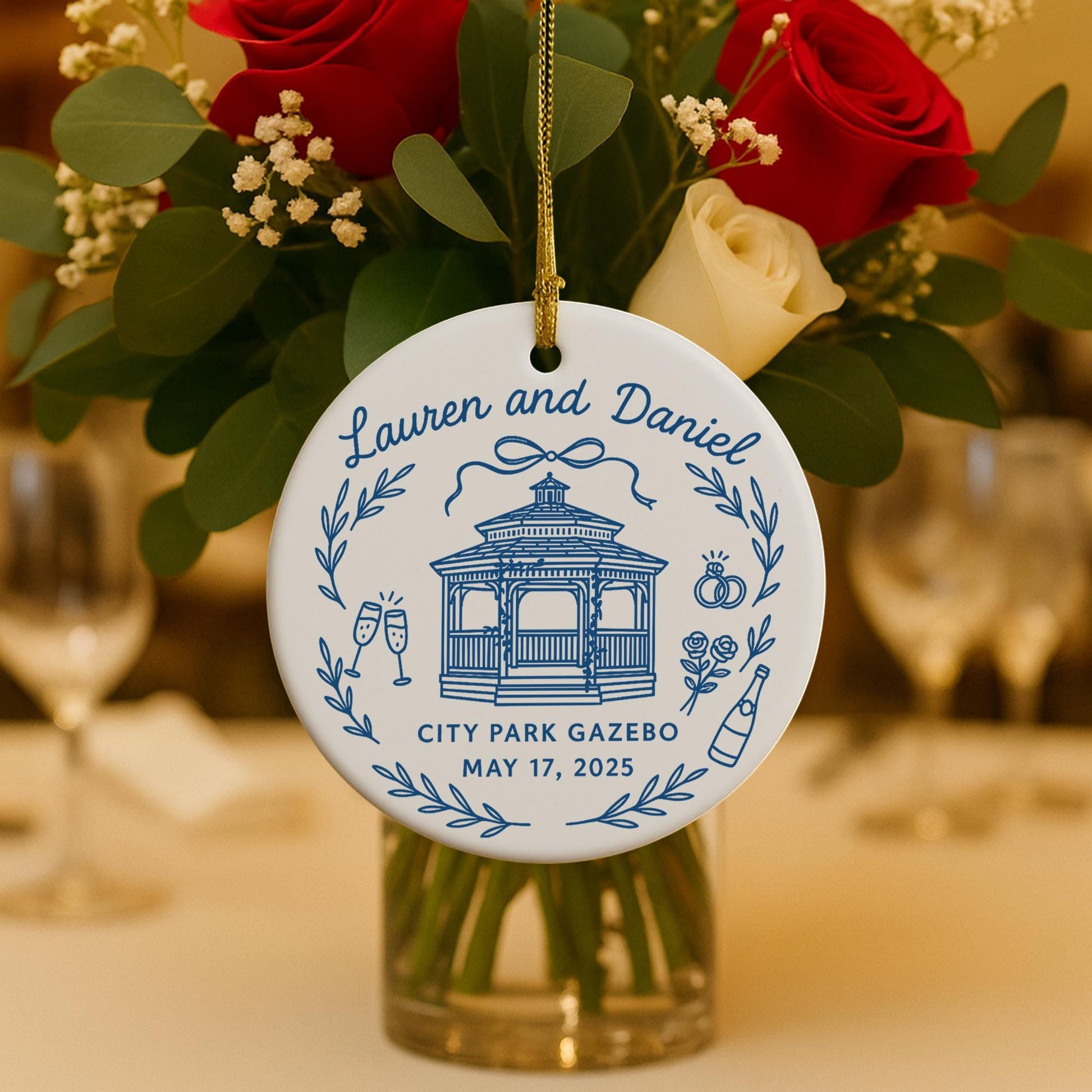 Custom Wedding Venue Ornament, Personalized Bride & Groom Keepsake, Engagement Ornament, Newlywed Christmas Decoration