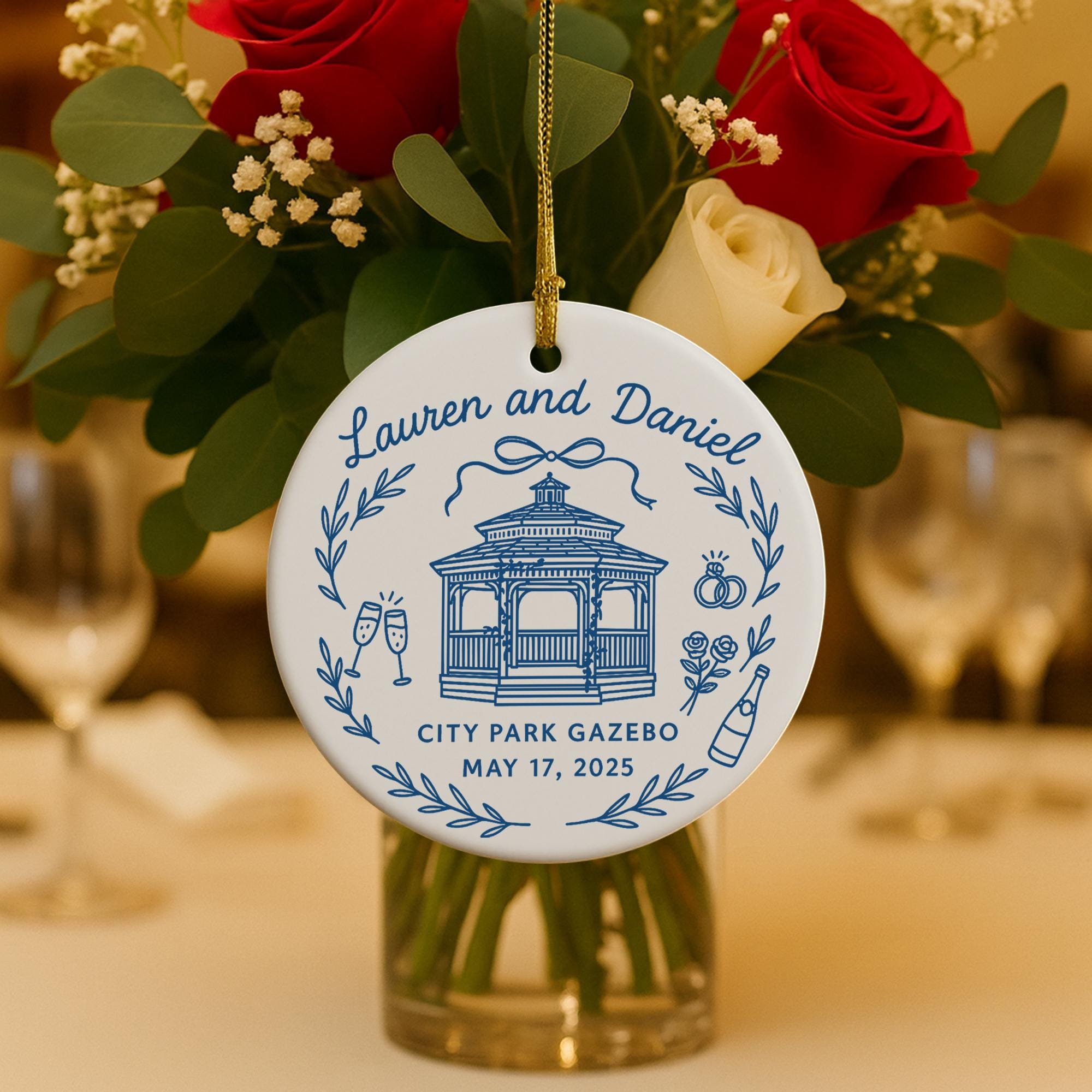 Custom Wedding Venue Ornament, Personalized Bride & Groom Keepsake, Engagement Ornament, Newlywed Christmas Decoration