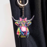 Custom Highland Cow Keychain: Acrylic Bag Charm with Glasses