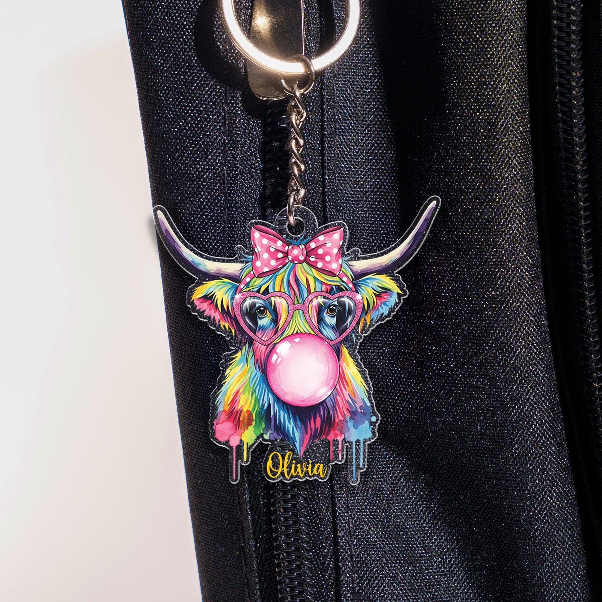 Custom Highland Cow Keychain: Acrylic Bag Charm with Glasses