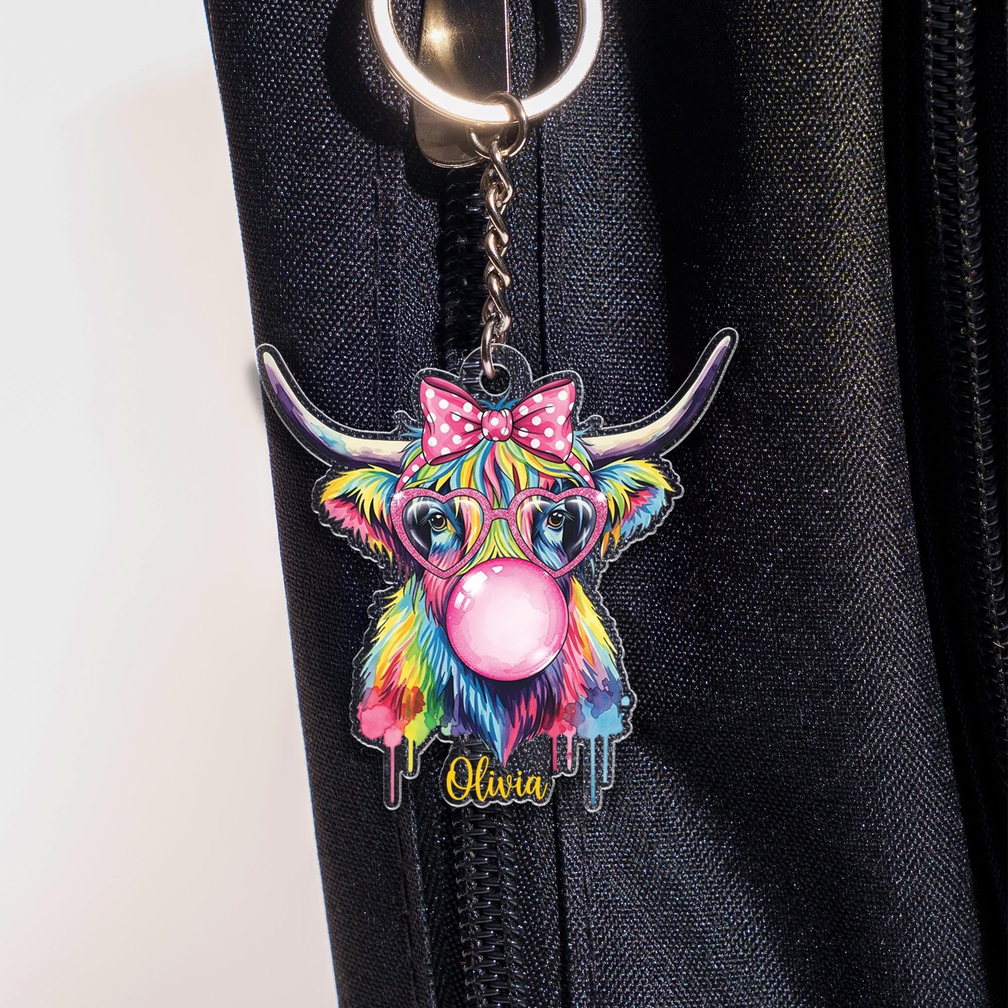 Custom Highland Cow Keychain: Acrylic Bag Charm with Glasses