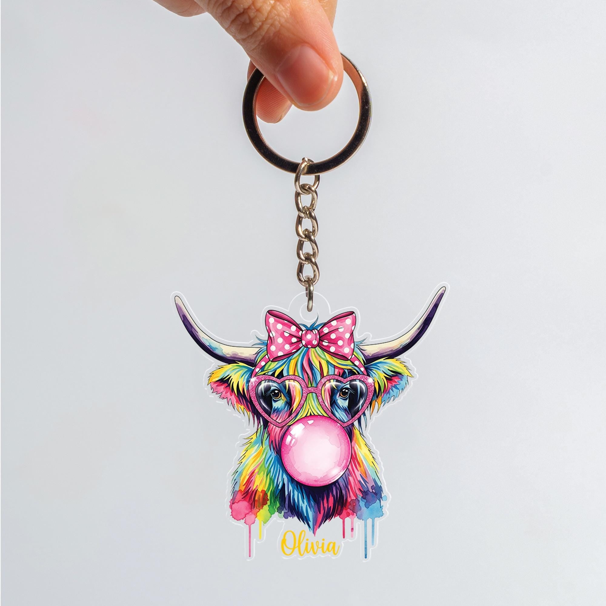 Custom Highland Cow Keychain: Acrylic Bag Charm with Glasses