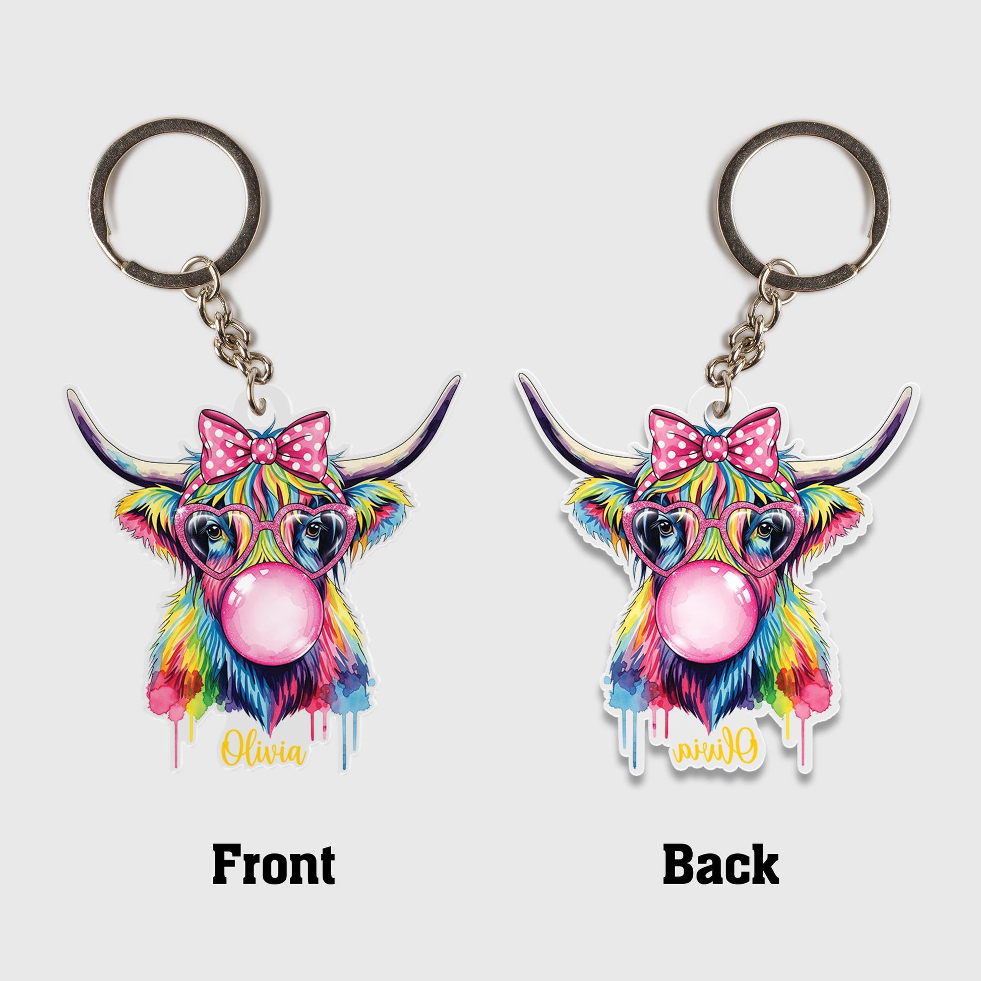 Custom Highland Cow Keychain: Acrylic Bag Charm with Glasses