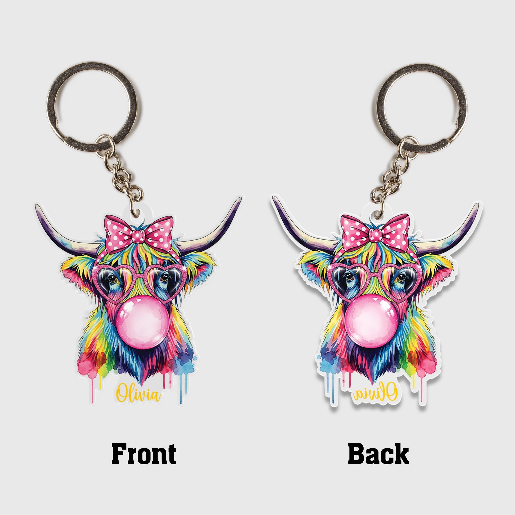 Custom Highland Cow Keychain: Acrylic Bag Charm with Glasses