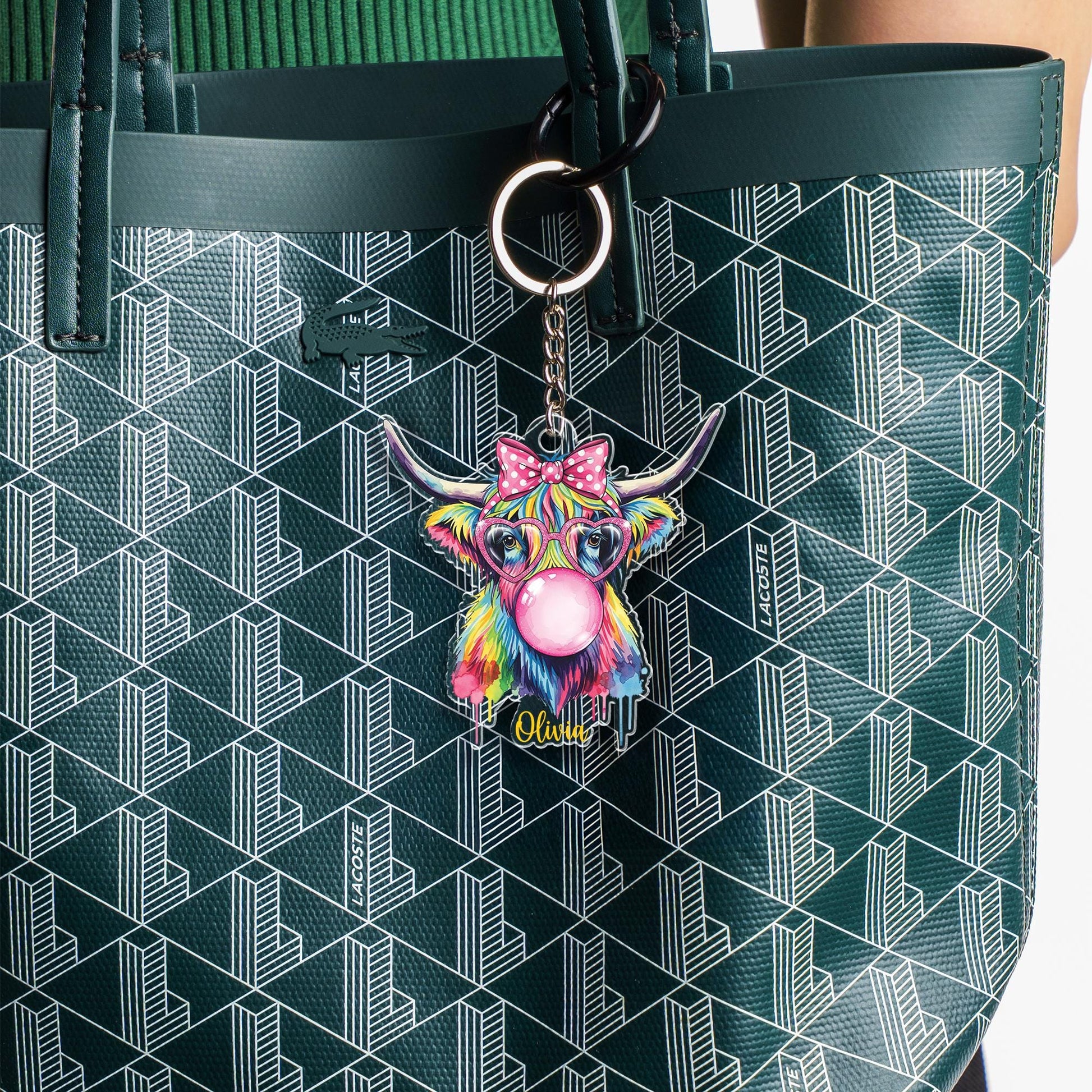 Custom Highland Cow Keychain: Acrylic Bag Charm with Glasses