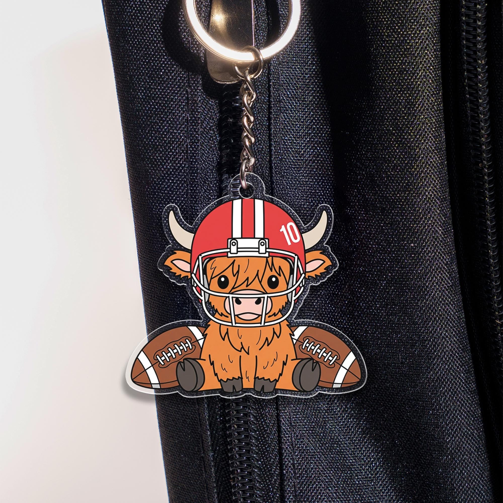 Custom Highland Cow Football Keychain: Acrylic Sports Bag Charm
