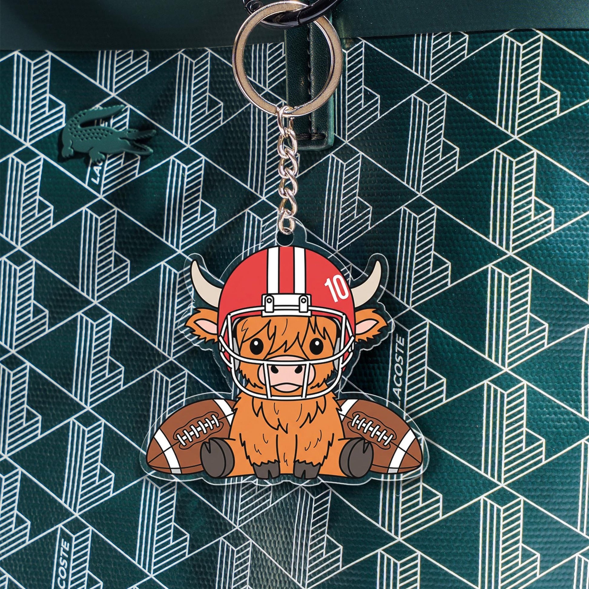 Custom Highland Cow Football Keychain: Acrylic Sports Bag Charm