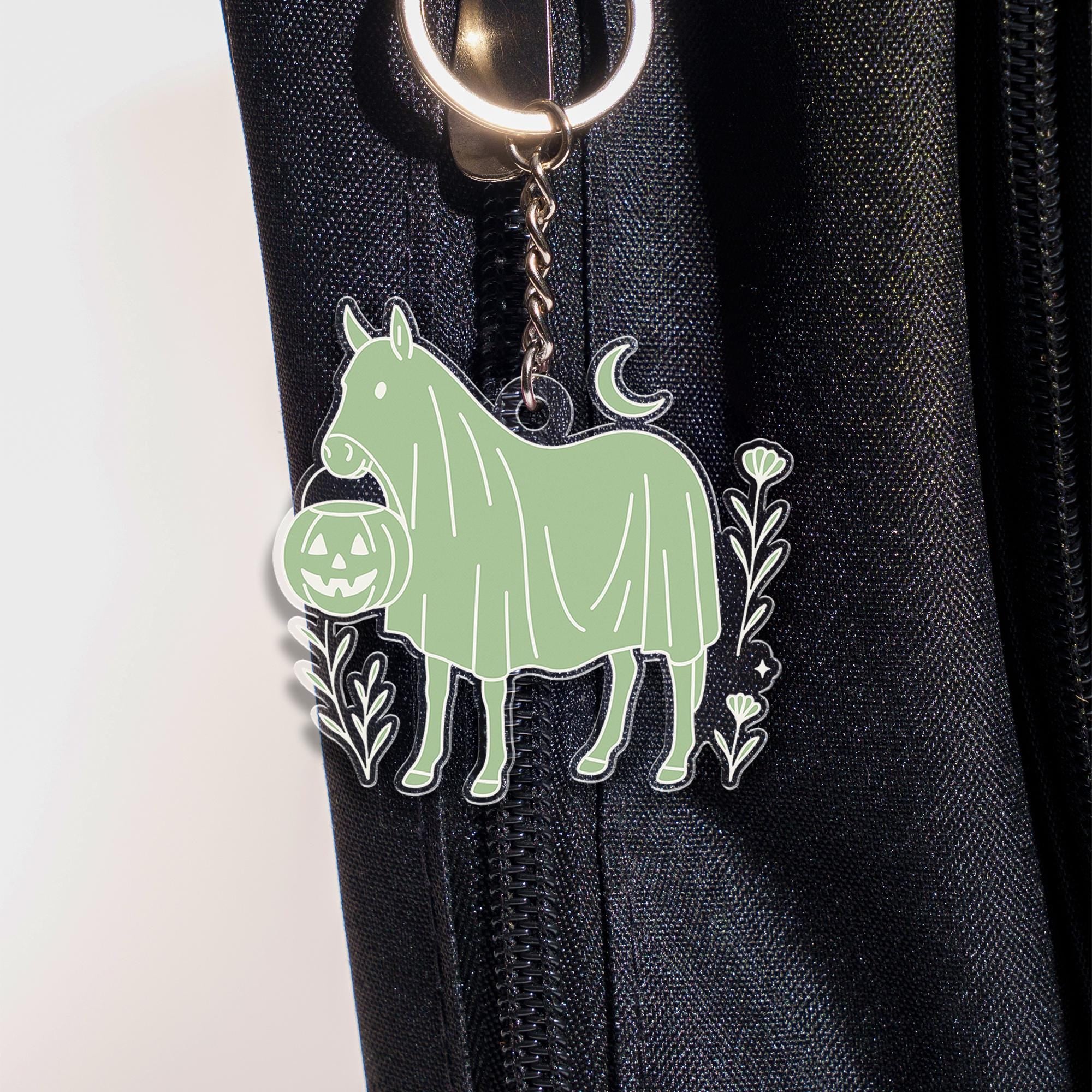Halloween Ghost Horse Keychain with Pumpkin | Spooky Cute Acrylic Bag Charm | Unique Fall Accessory | Equestrian Trick or Treat Gift