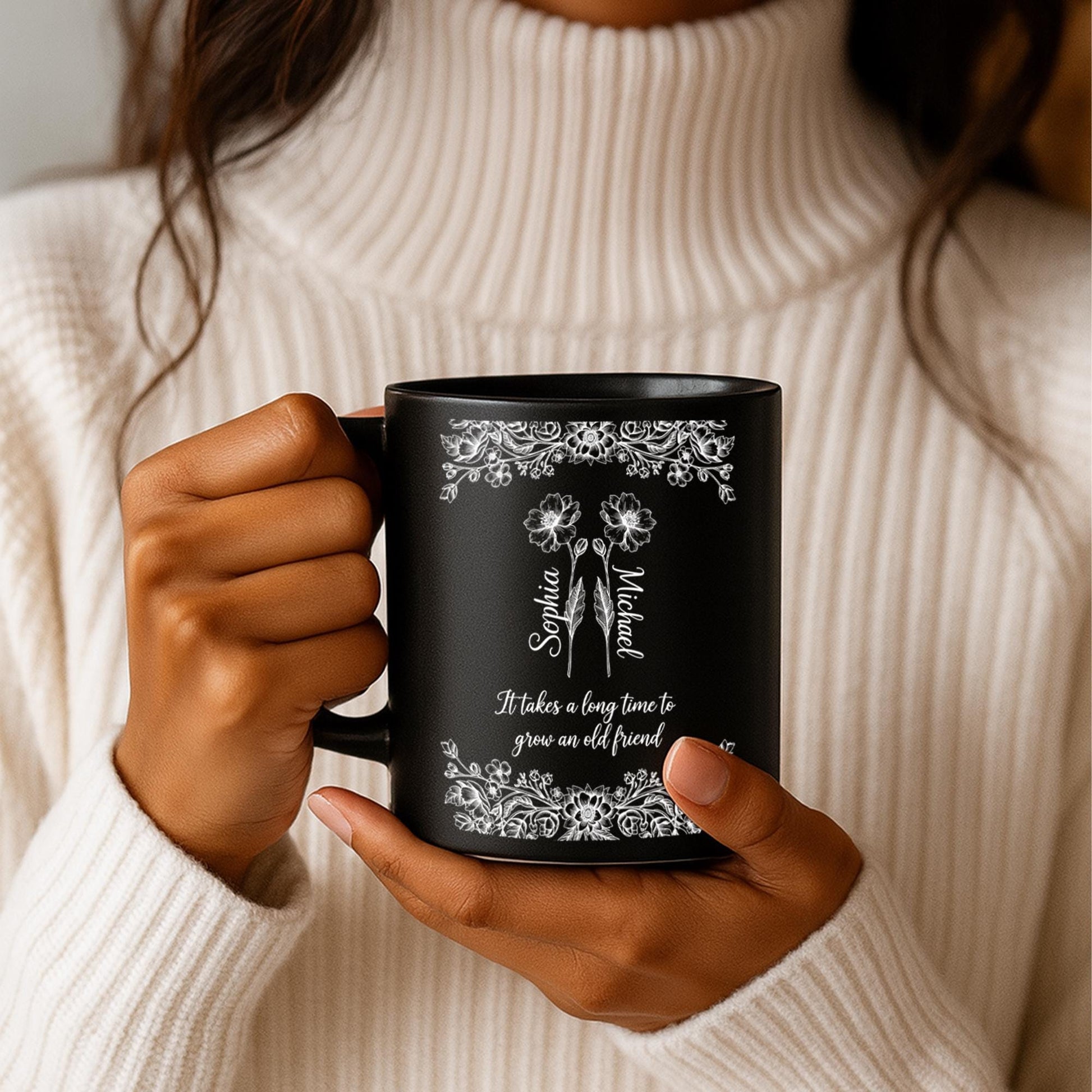 Personalized Friendship Mug | Custom Name Coffee Cup | Floral Quote Mug Gift | Best Friend Keepsake | Old Friend Gift Idea