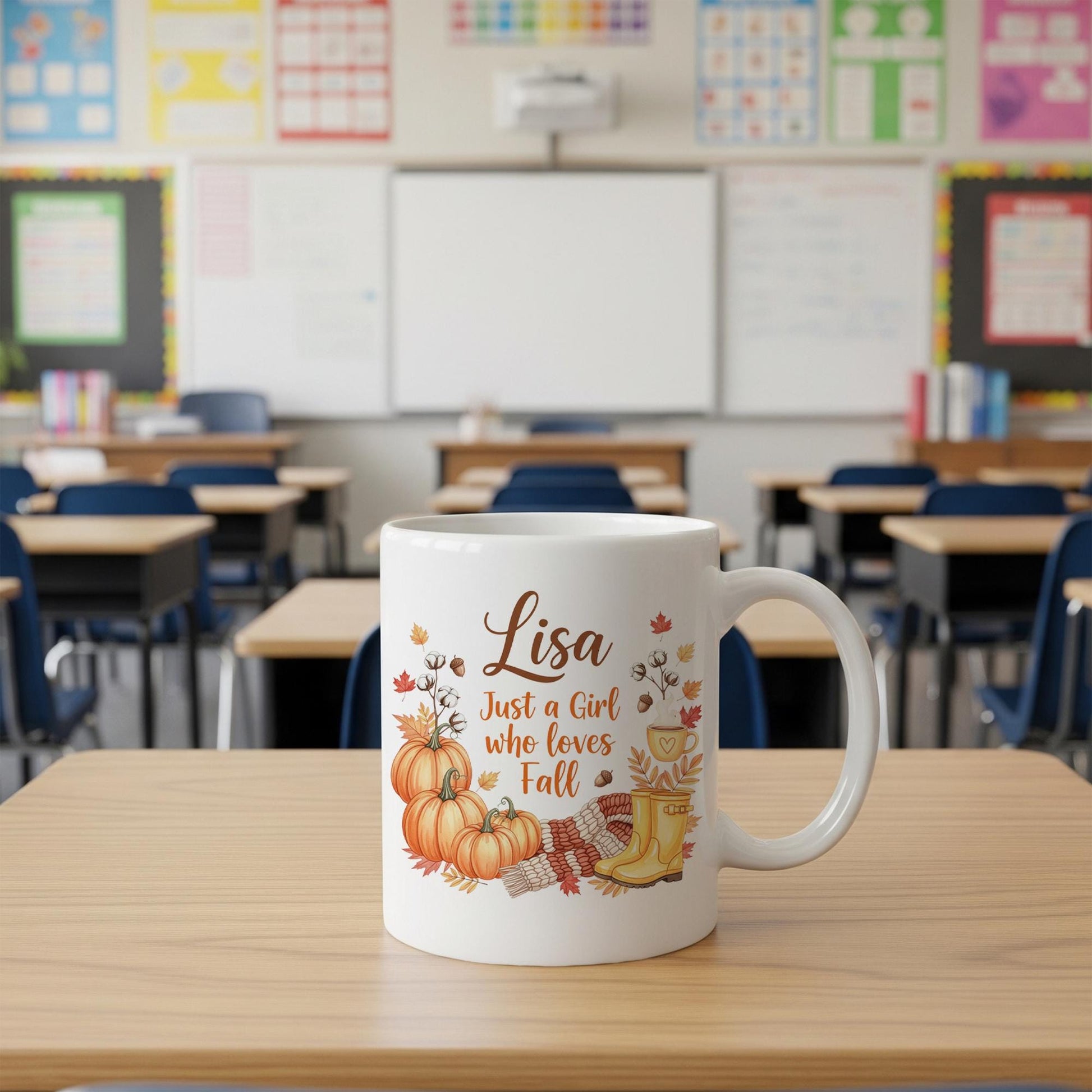Personalized Fall Mug | Custom Name Pumpkin Coffee Cup | Autumn Leaves Boots Mug | Just a Girl Who Loves Fall Gift