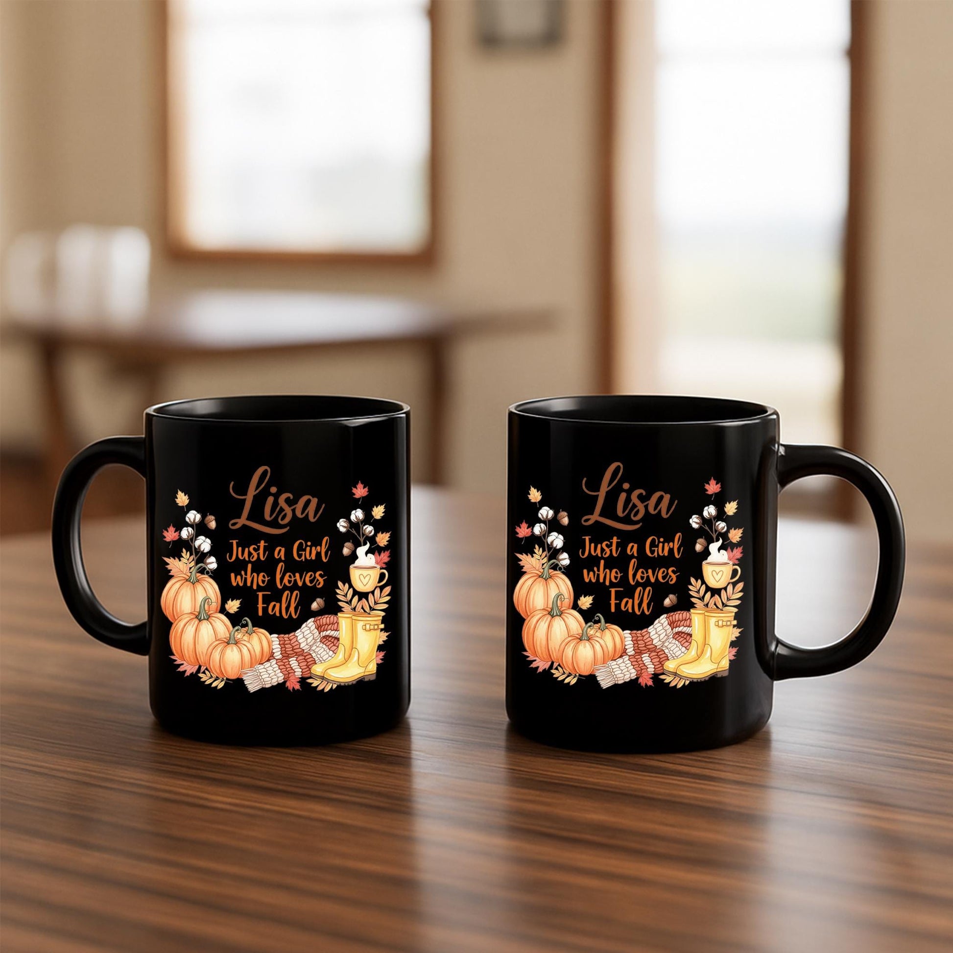 Personalized Fall Mug | Custom Name Pumpkin Coffee Cup | Autumn Leaves Boots Mug | Just a Girl Who Loves Fall Gift