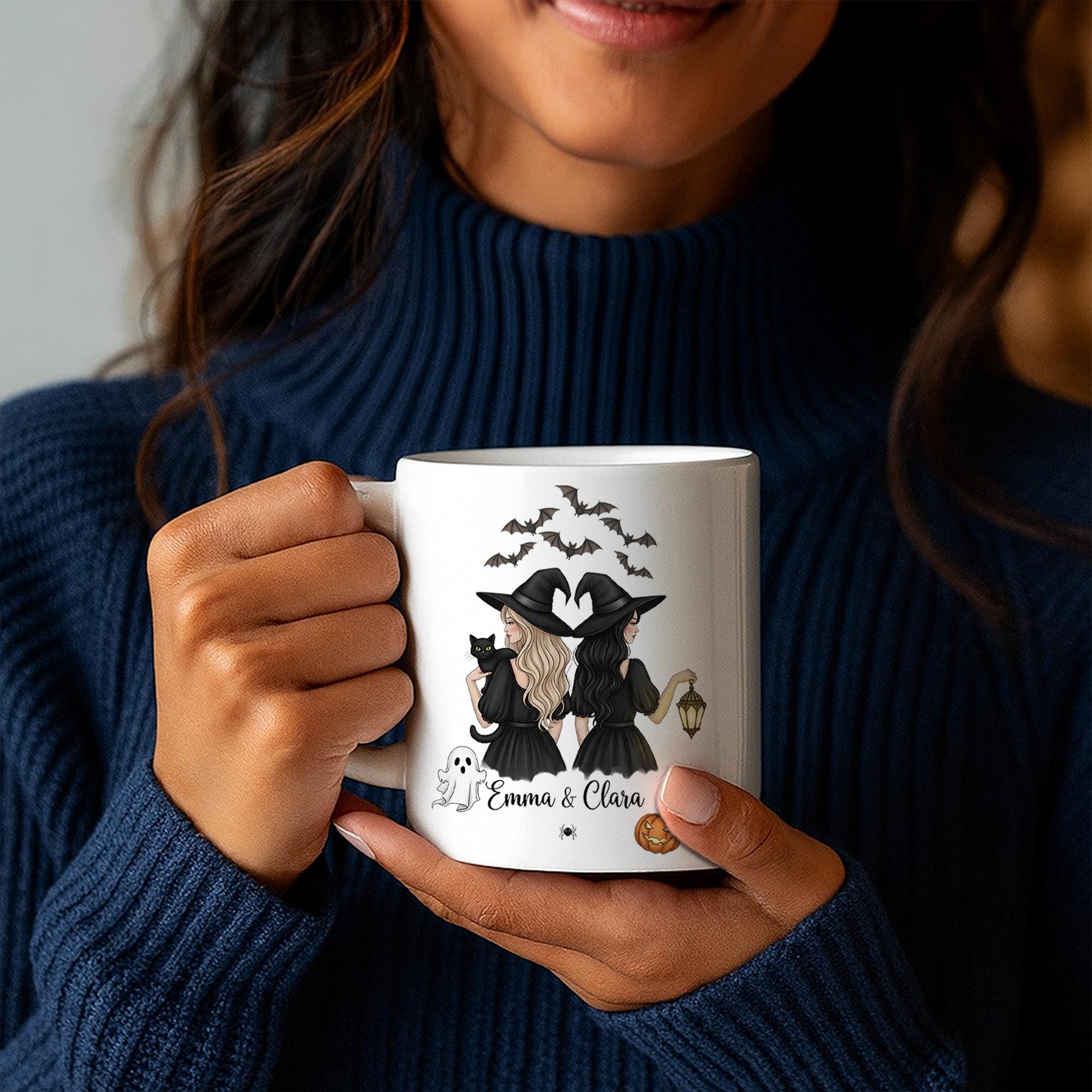 Personalized Halloween Mug | Custom Witch Coffee Cup with Names | Spooky Fall Mug Gift for Friends | Cute Pumpkin Bat Ghost Cup
