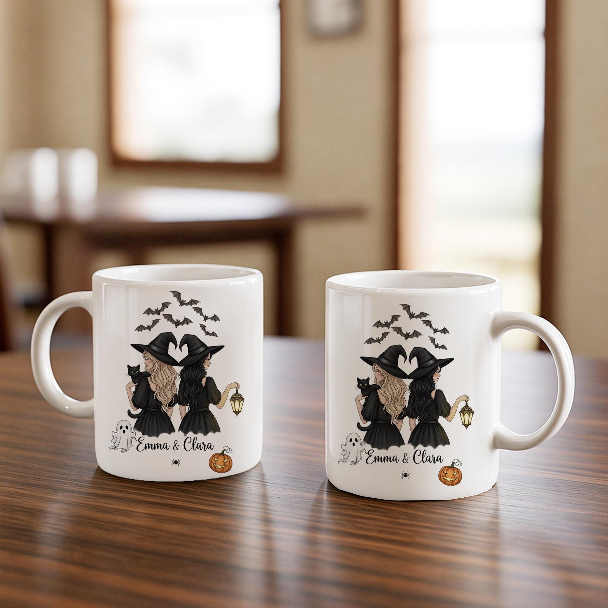 Personalized Halloween Mug | Custom Witch Coffee Cup with Names | Spooky Fall Mug Gift for Friends | Cute Pumpkin Bat Ghost Cup