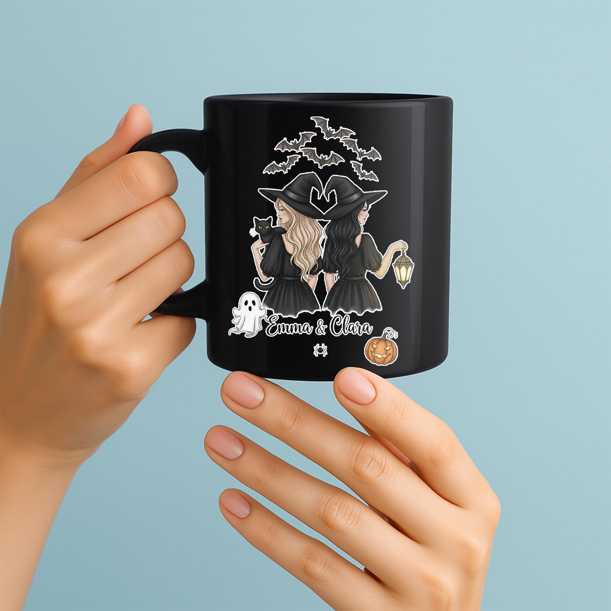 Personalized Halloween Mug | Custom Witch Coffee Cup with Names | Spooky Fall Mug Gift for Friends | Cute Pumpkin Bat Ghost Cup