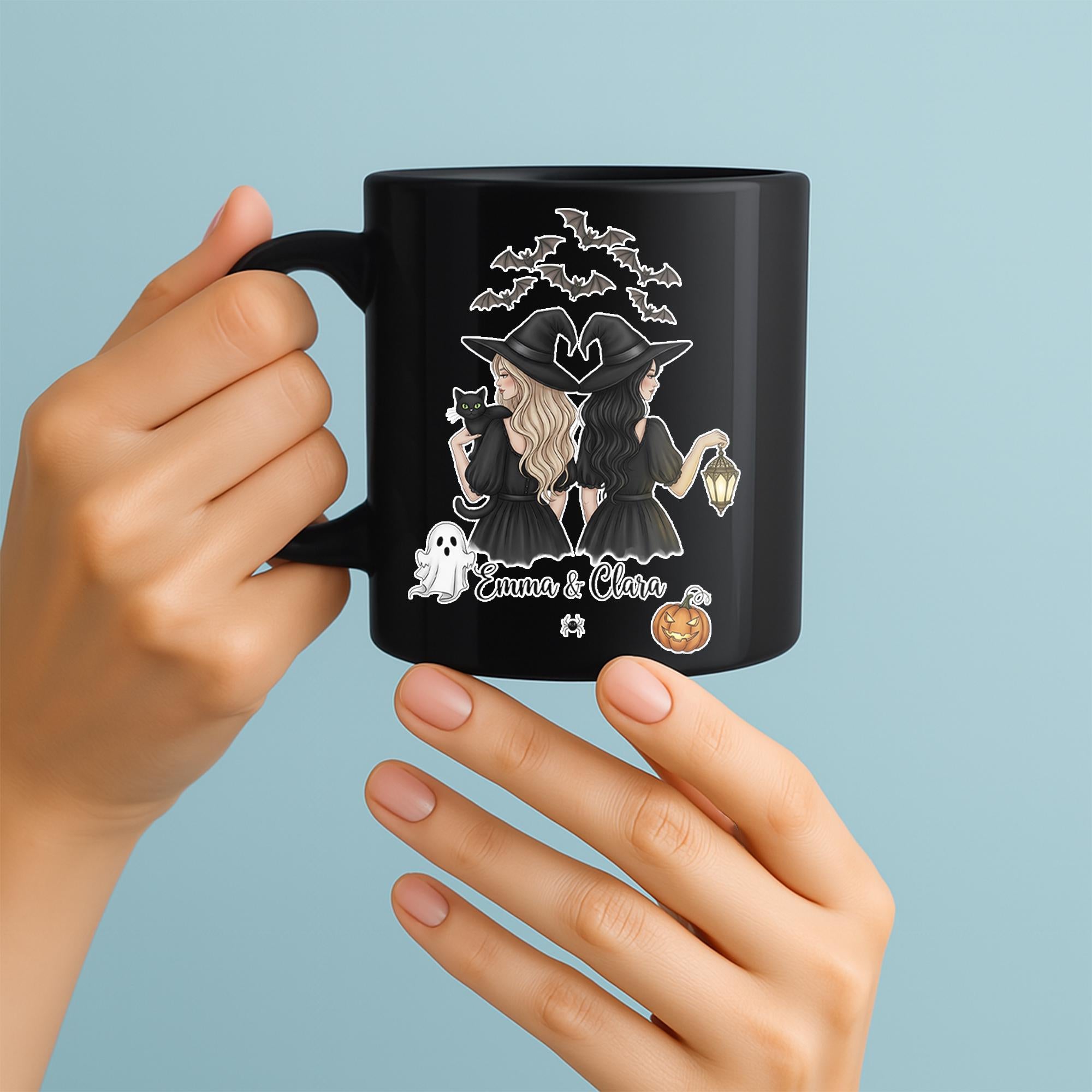 Personalized Halloween Mug | Custom Witch Coffee Cup with Names | Spooky Fall Mug Gift for Friends | Cute Pumpkin Bat Ghost Cup