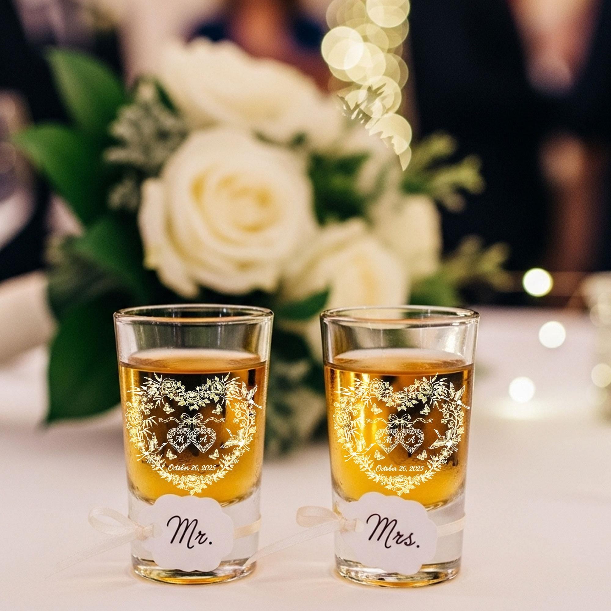 Personalized Wedding Whiskey Glass, Engraved Floral Heart with Cranes, Custom Initials & Date, Anniversary Gift for Couple