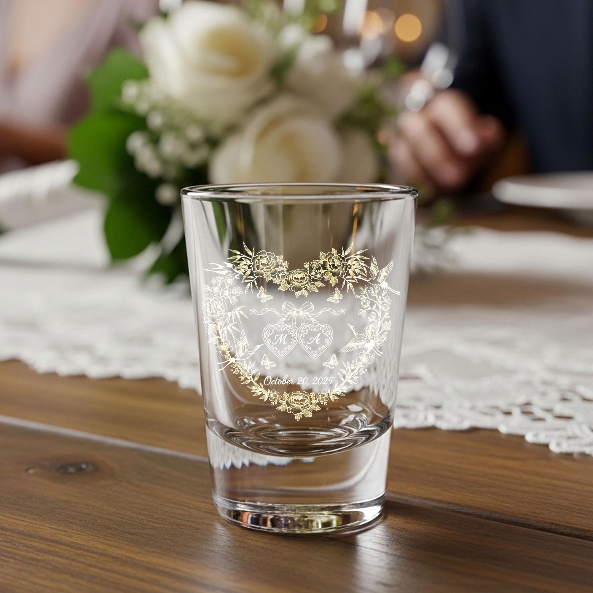 Personalized Wedding Whiskey Glass, Engraved Floral Heart with Cranes, Custom Initials & Date, Anniversary Gift for Couple