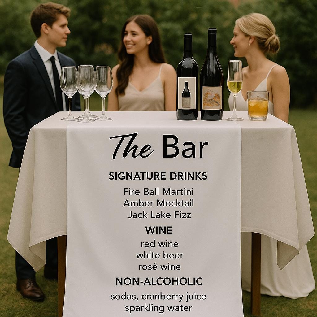 Custom Wedding Bar Sign with Signature Drinks Menu – Personalized Reception Bar Banner with Wine, Beer, and Non-Alcoholic Options