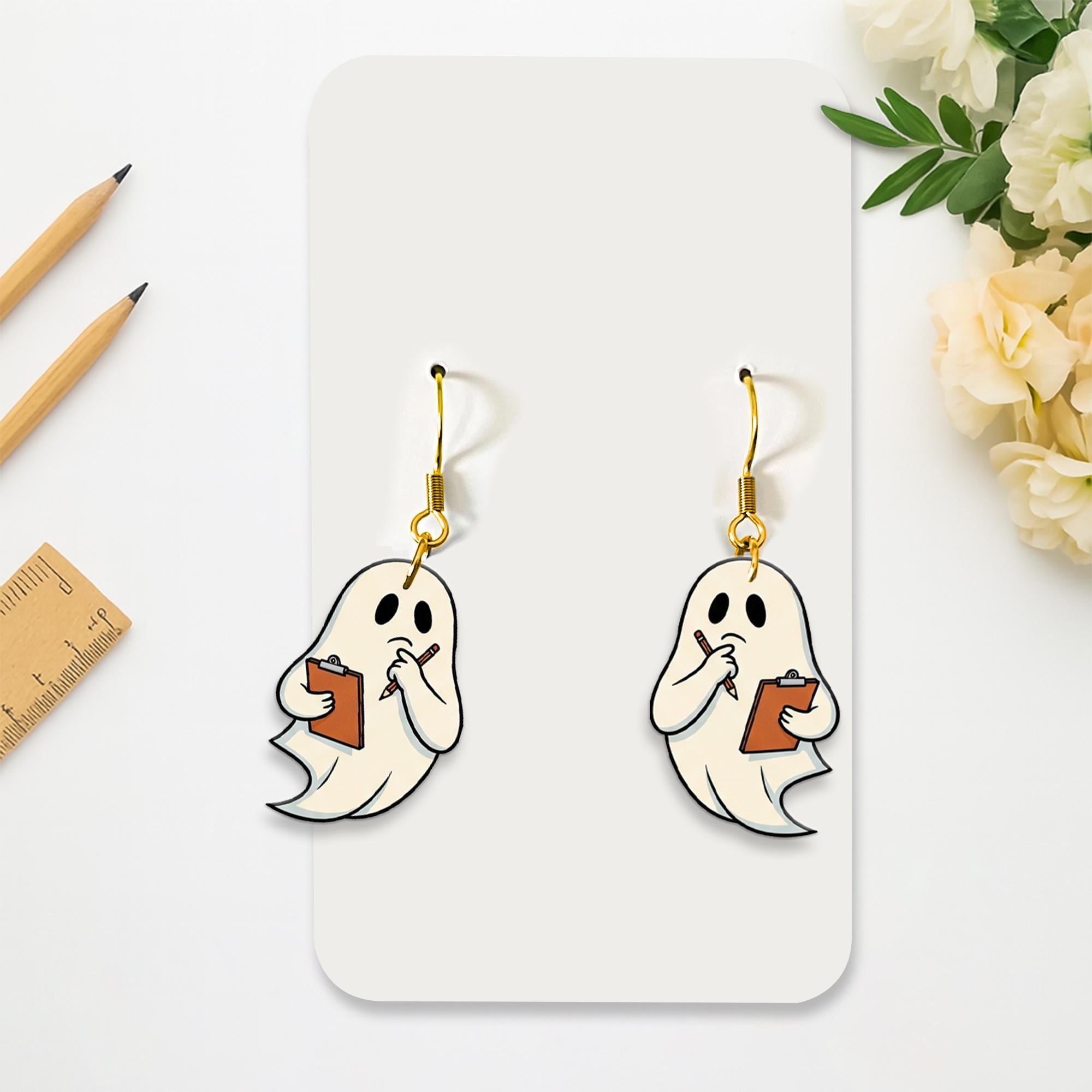 Cute Ghost With Clipboard Earrings, Funny Spooky Halloween Dangle Jewelry, Ghost Statement Earrings for Teachers and Writers, Book Lovers