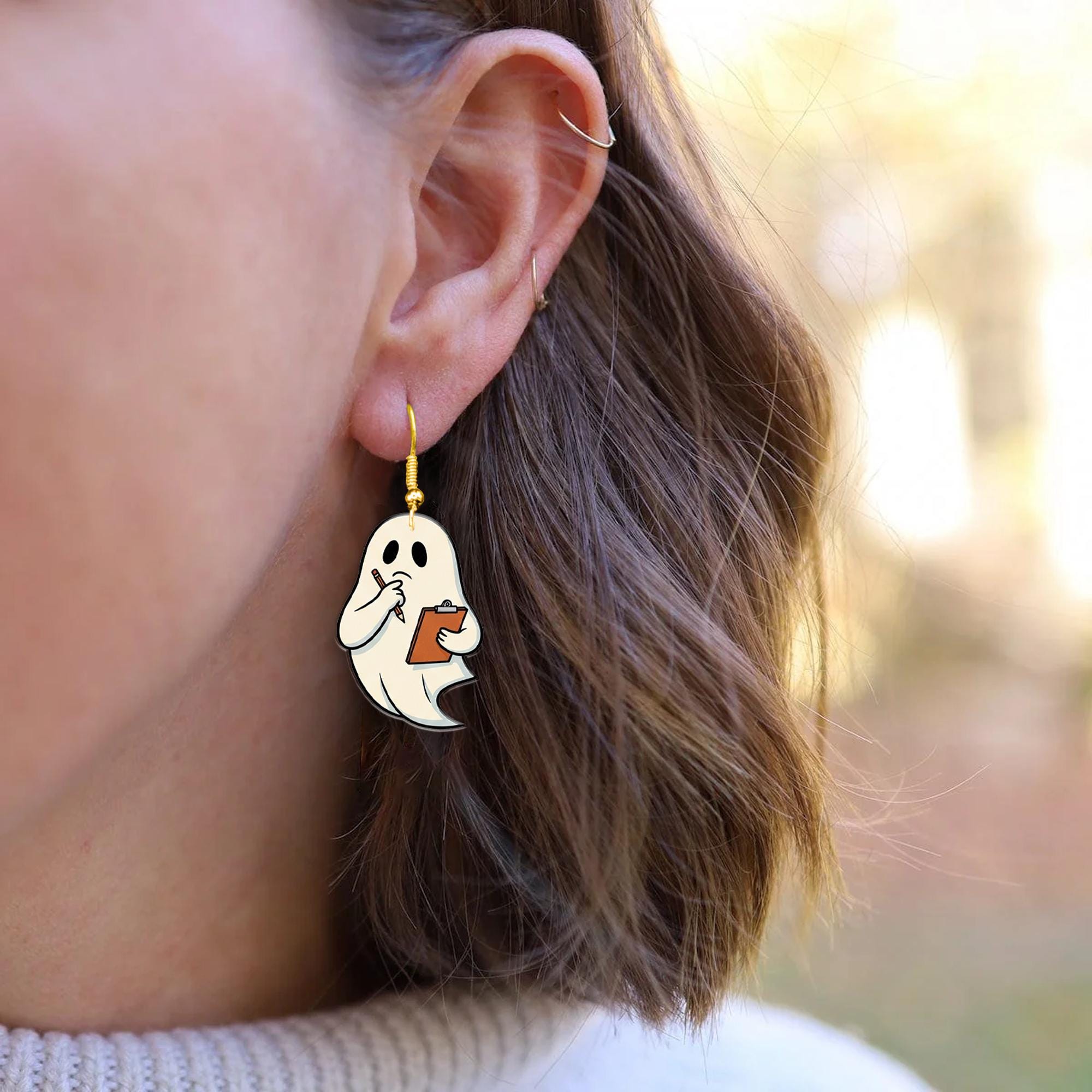 Cute Ghost With Clipboard Earrings, Funny Spooky Halloween Dangle Jewelry, Ghost Statement Earrings for Teachers and Writers, Book Lovers