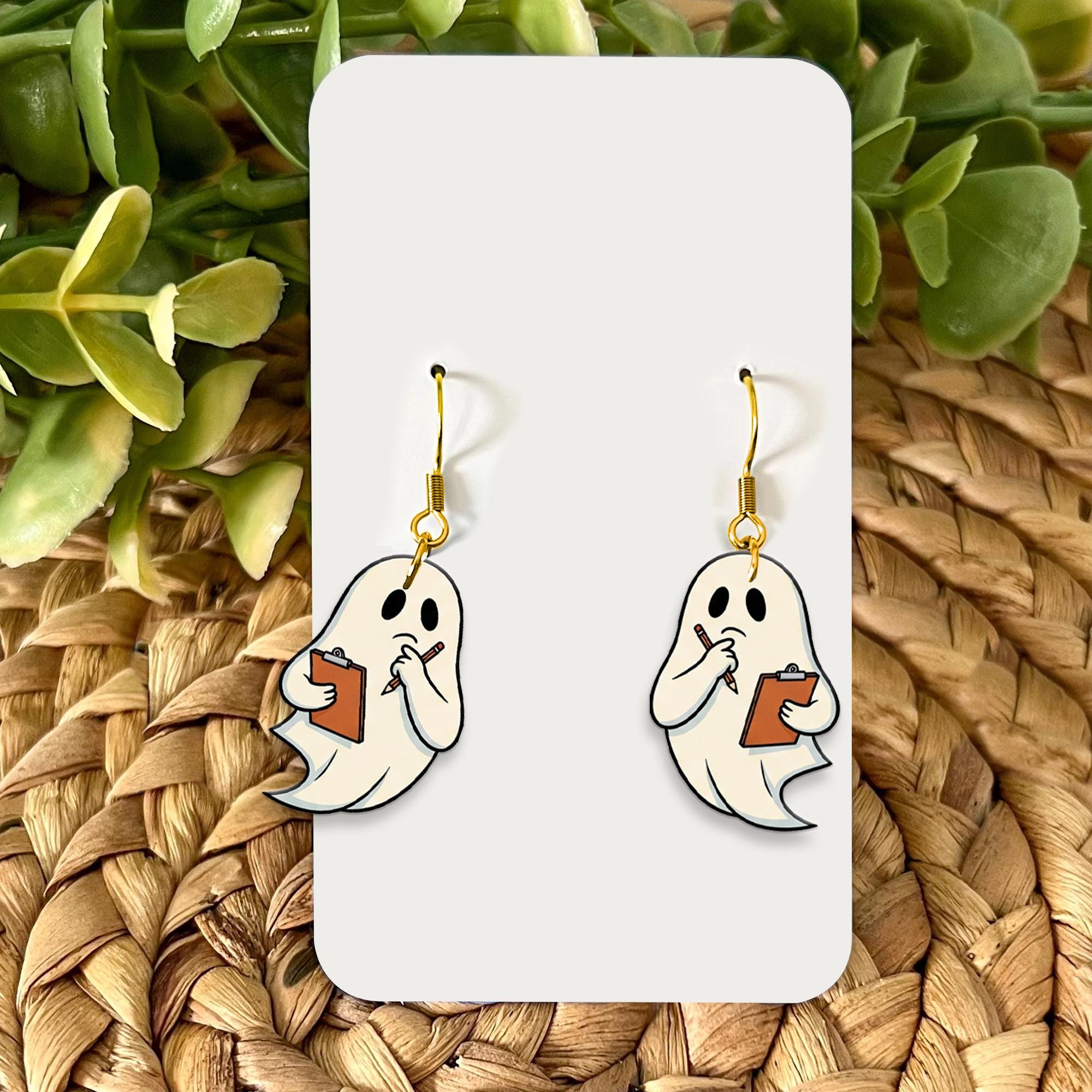 Cute Ghost With Clipboard Earrings, Funny Spooky Halloween Dangle Jewelry, Ghost Statement Earrings for Teachers and Writers, Book Lovers