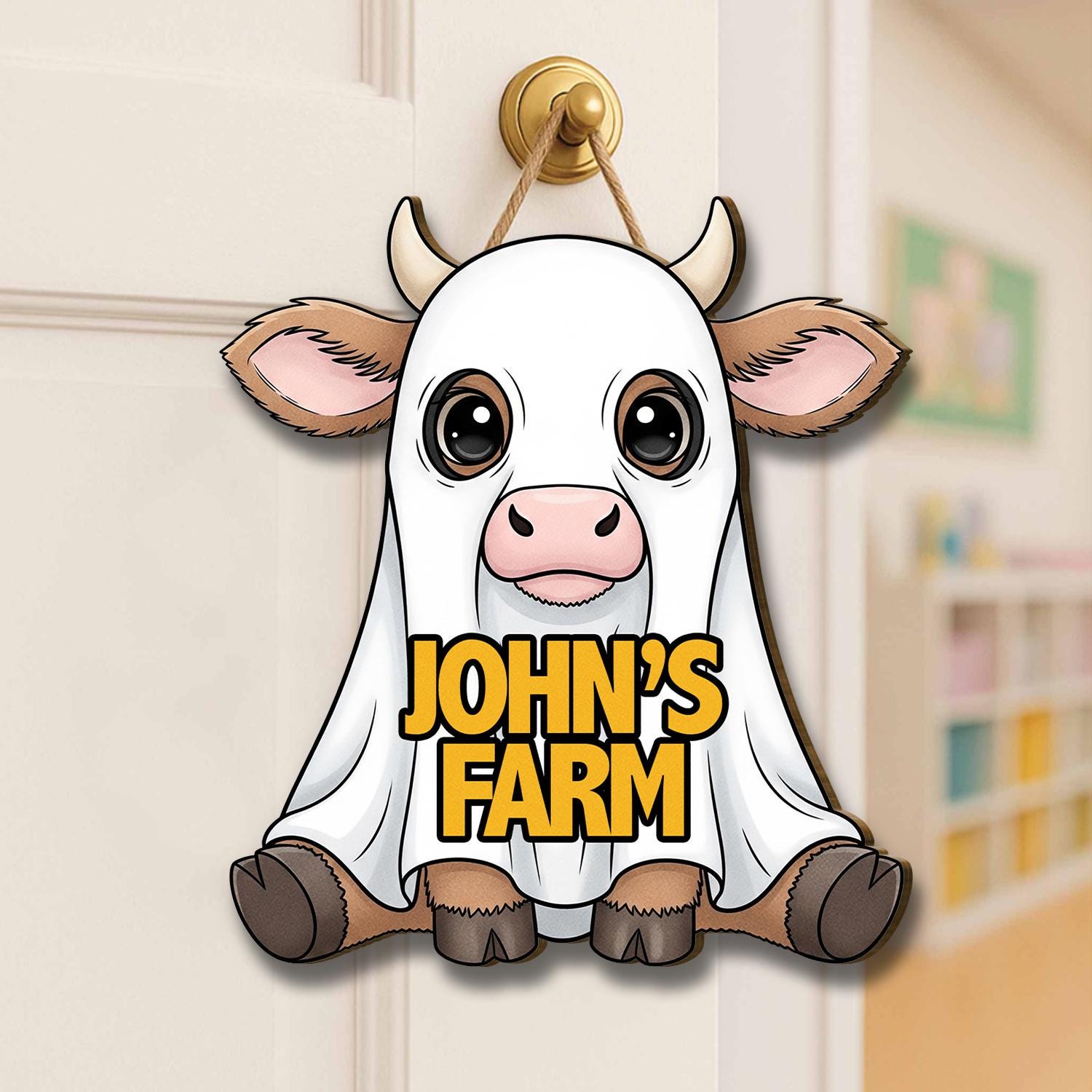 Cute Cow in Ghost Costume Door Sign, Personalized Farmhouse Door Decor, Custom Barn Sign for Farmers and Animal Lovers, Fall Door Sign