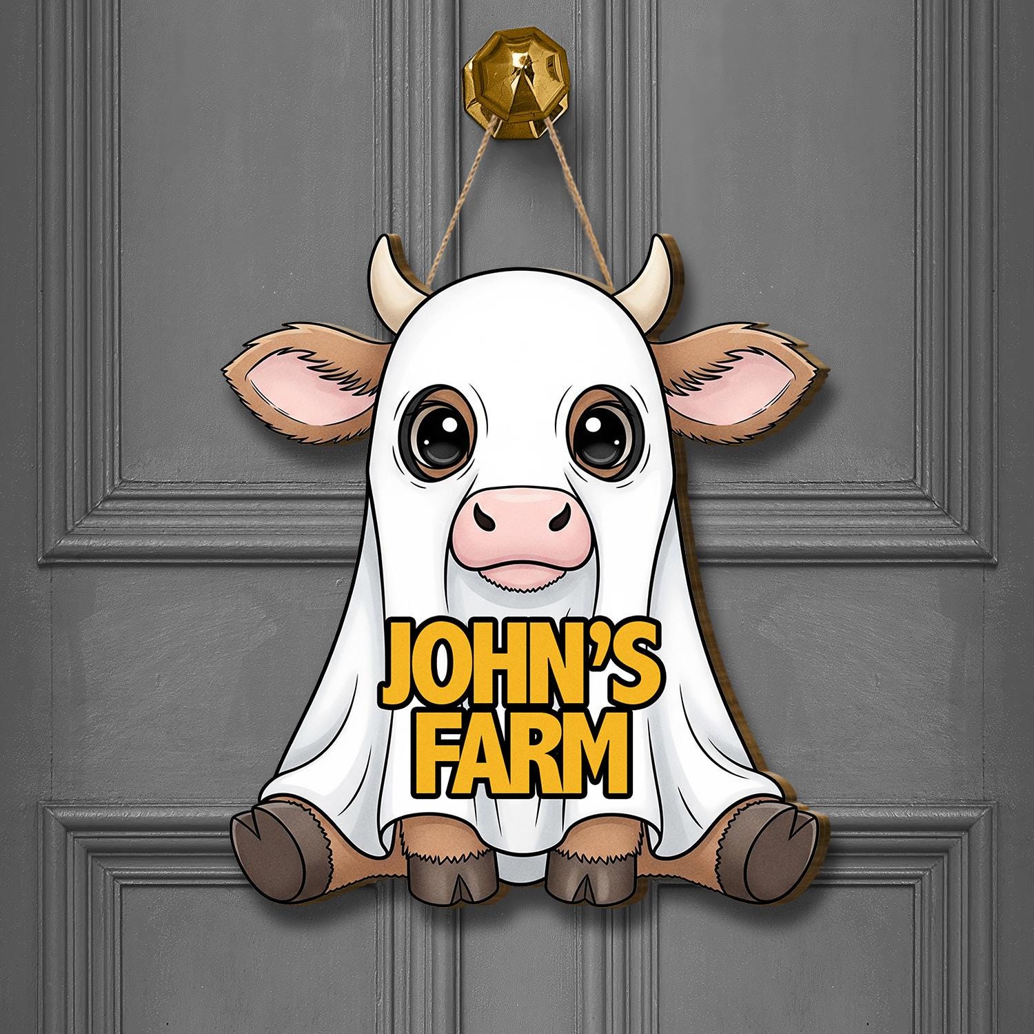 Cute Cow in Ghost Costume Door Sign, Personalized Farmhouse Door Decor, Custom Barn Sign for Farmers and Animal Lovers, Fall Door Sign