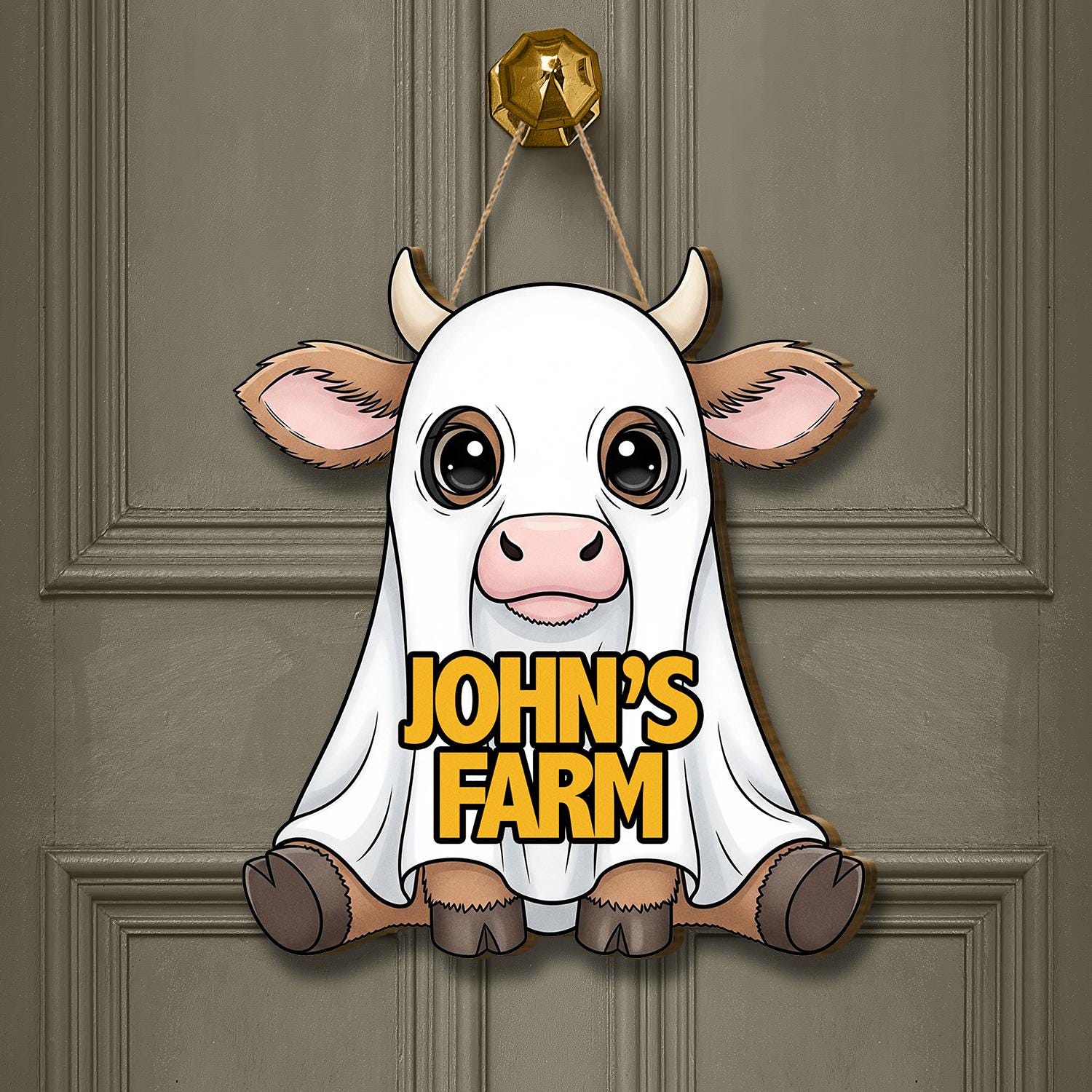 Cute Cow in Ghost Costume Door Sign, Personalized Farmhouse Door Decor, Custom Barn Sign for Farmers and Animal Lovers, Fall Door Sign