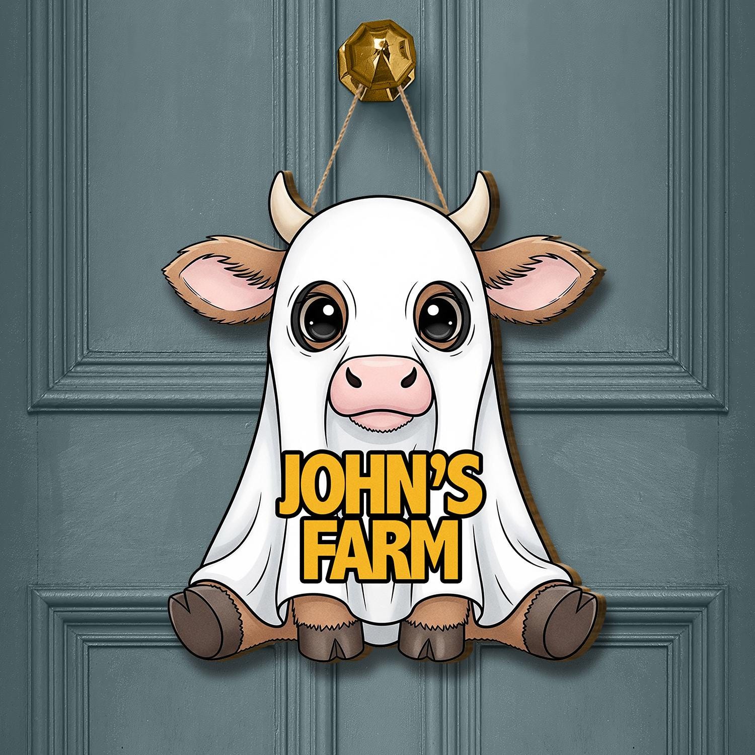 Cute Cow in Ghost Costume Door Sign, Personalized Farmhouse Door Decor, Custom Barn Sign for Farmers and Animal Lovers, Fall Door Sign