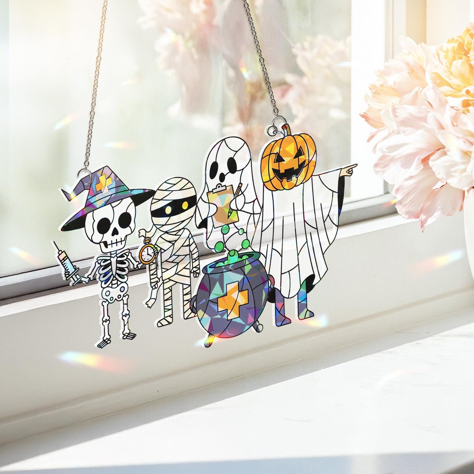 Halloween Medical Suncatcher, Skeleton Nurse Doctor Ghost Pumpkin Window Decor, Spooky Healthcare Acrylic Decoration, Cute Nurse Gift
