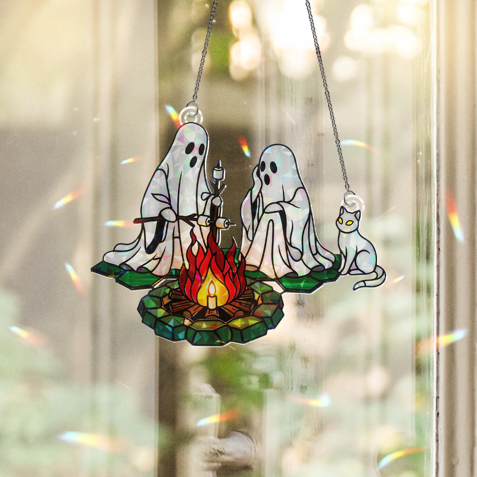 Ghost Campfire Suncatcher – Holographic Acrylic Halloween Window Decor with Cat & Fire, Cute Spooky Sun Catcher