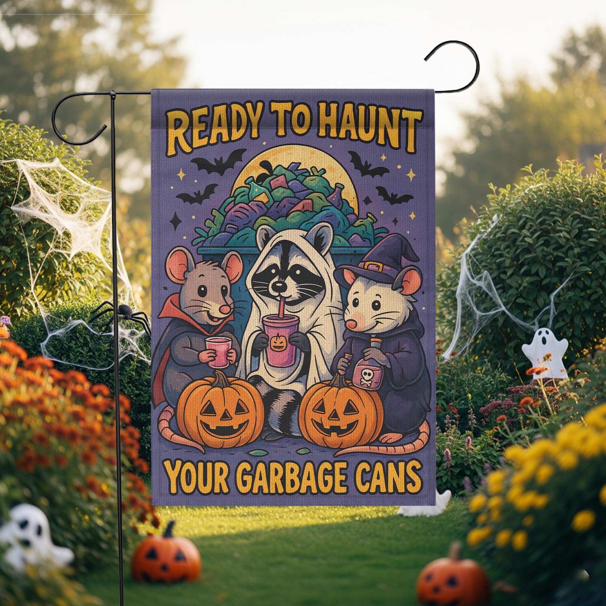 Ready to Haunt Your Garbage Cans Halloween Garden Flag | Trick‑or‑Treat Raccoons & Pumpkins Outdoor Decor