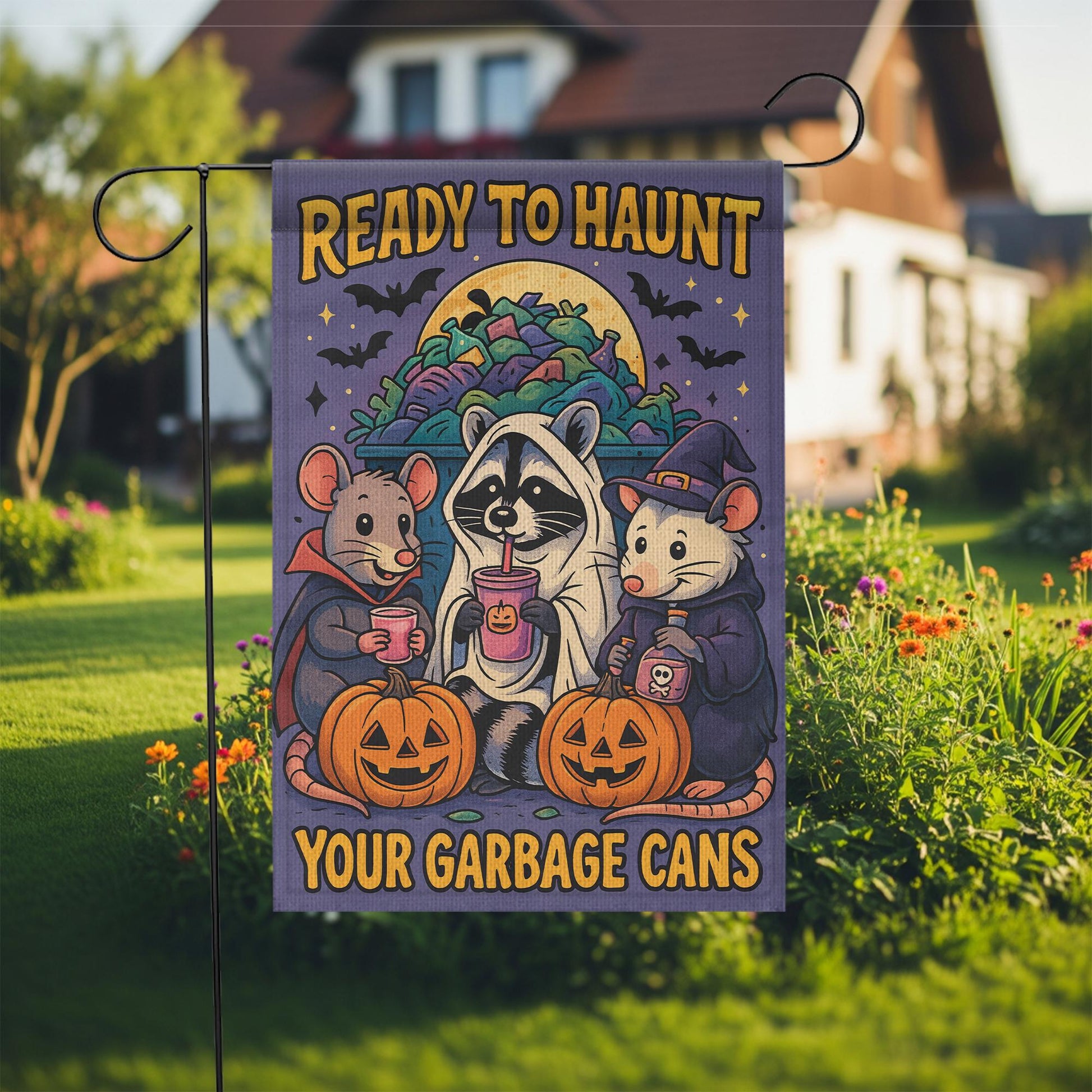 Ready to Haunt Your Garbage Cans Halloween Garden Flag | Trick‑or‑Treat Raccoons & Pumpkins Outdoor Decor