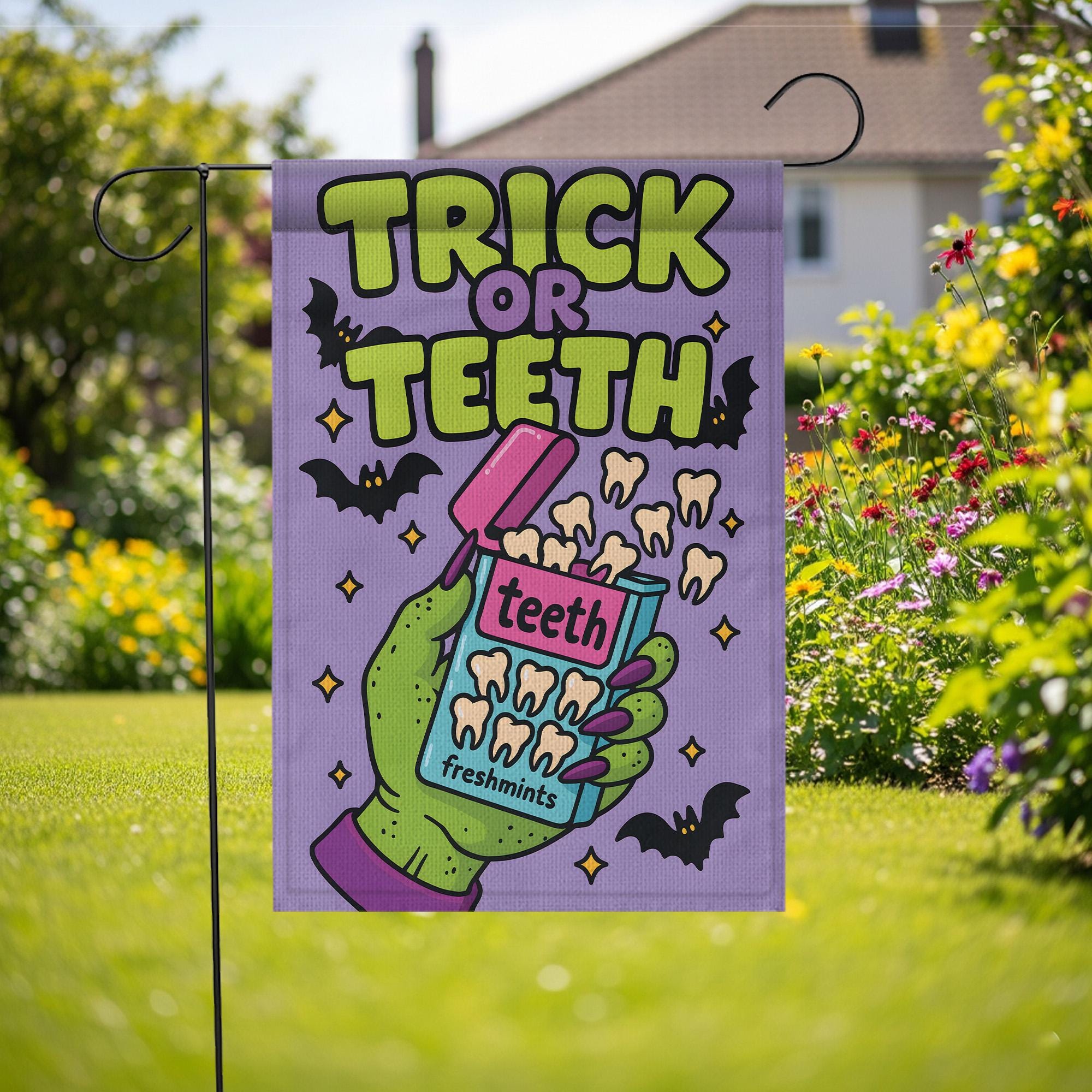 Trick or Teeth Halloween Garden Flag | Funny Green Hand, Candy Teeth & Bats Outdoor Decor