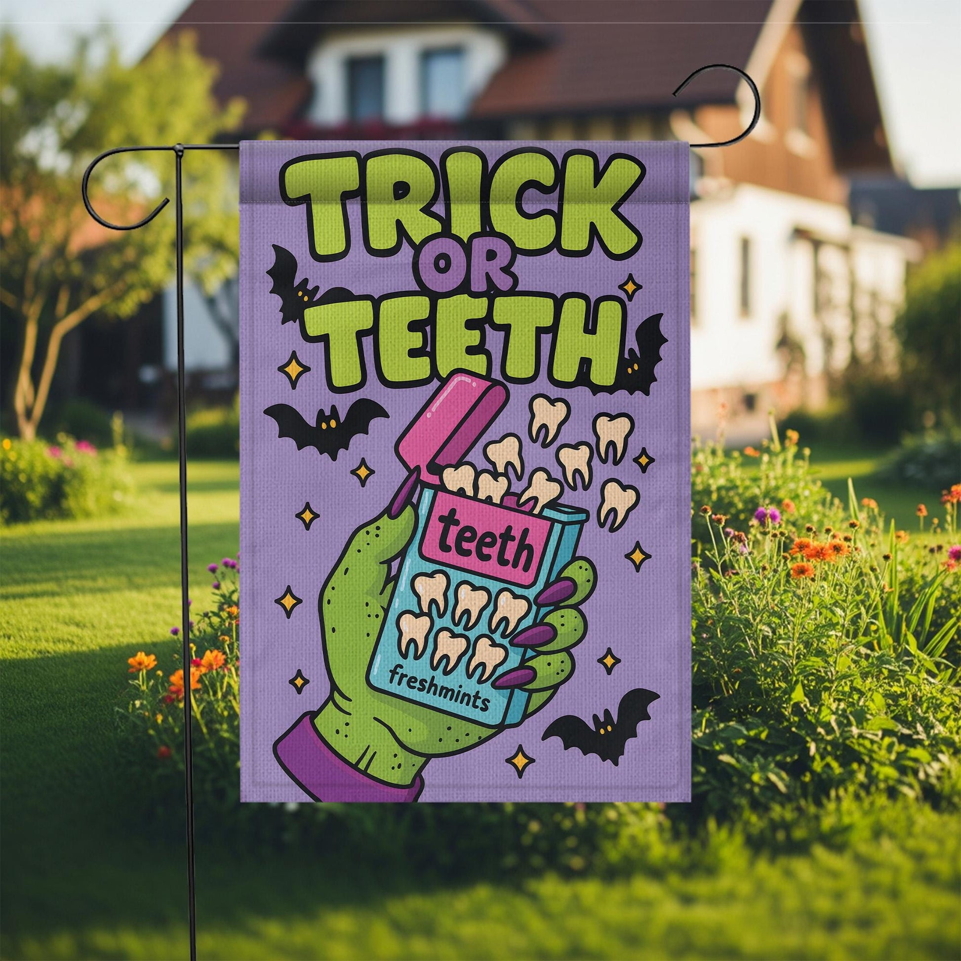 Trick or Teeth Halloween Garden Flag | Funny Green Hand, Candy Teeth & Bats Outdoor Decor