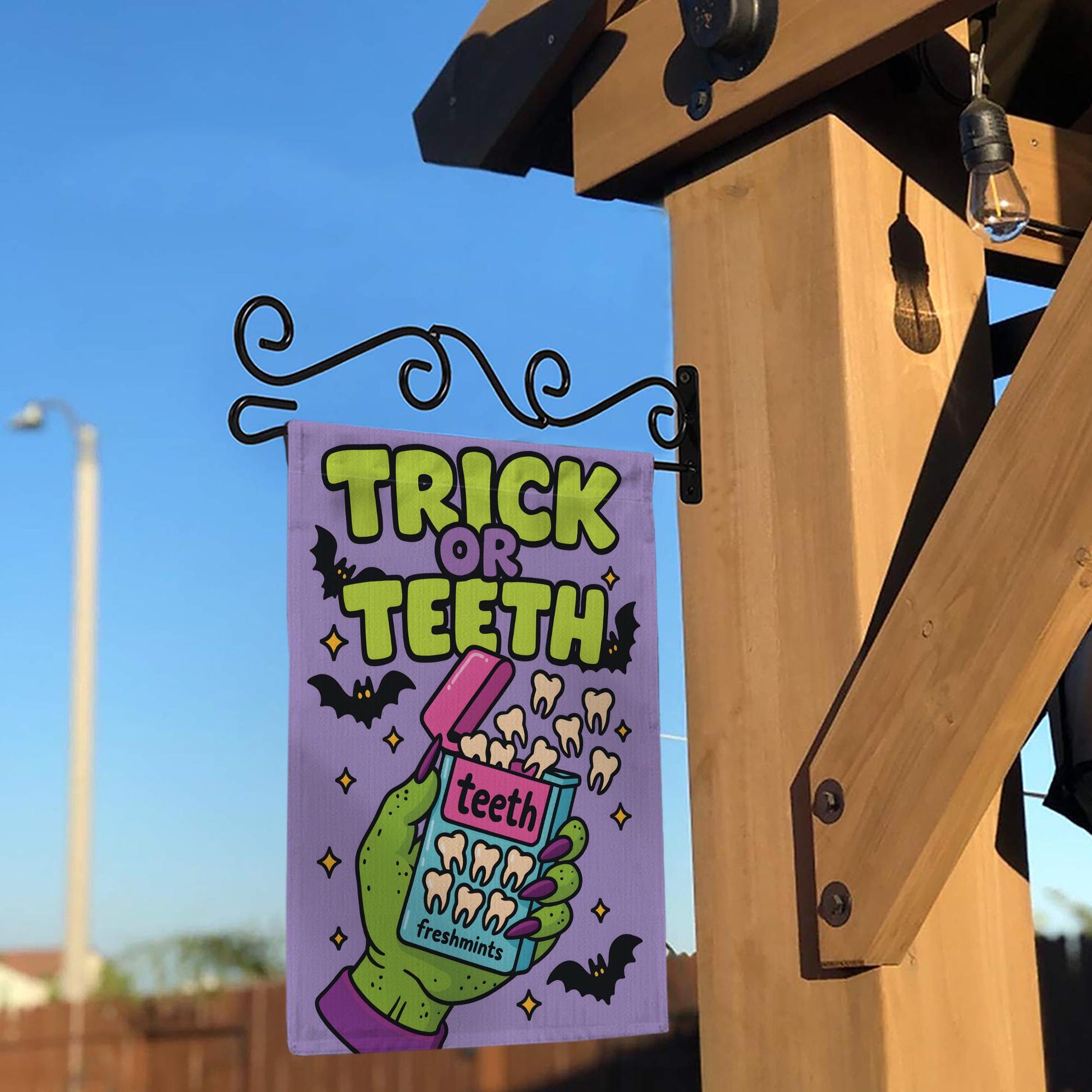 Trick or Teeth Halloween Garden Flag | Funny Green Hand, Candy Teeth & Bats Outdoor Decor