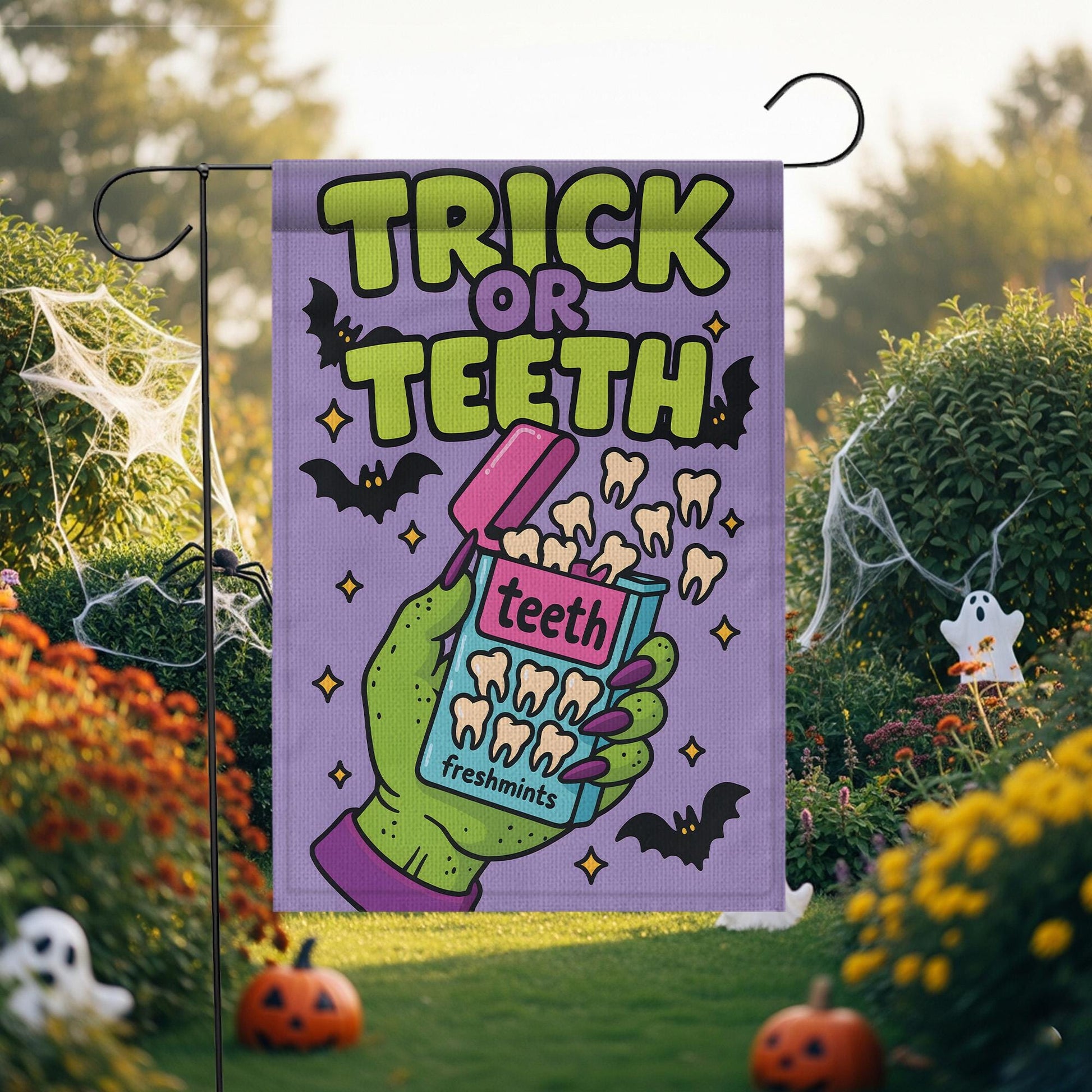 Trick or Teeth Halloween Garden Flag | Funny Green Hand, Candy Teeth & Bats Outdoor Decor