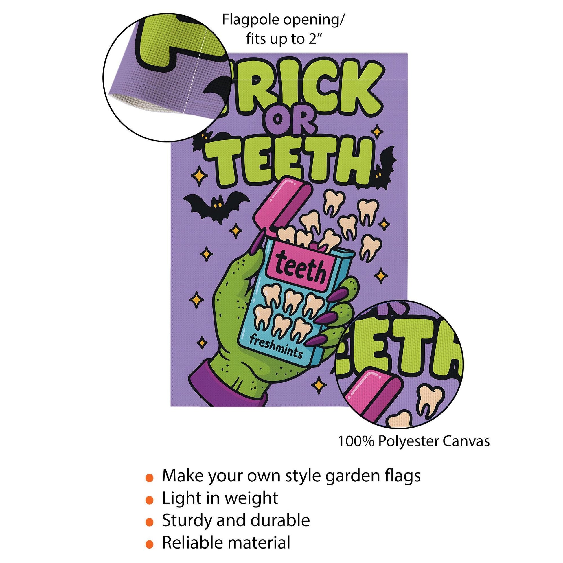 Trick or Teeth Halloween Garden Flag | Funny Green Hand, Candy Teeth & Bats Outdoor Decor
