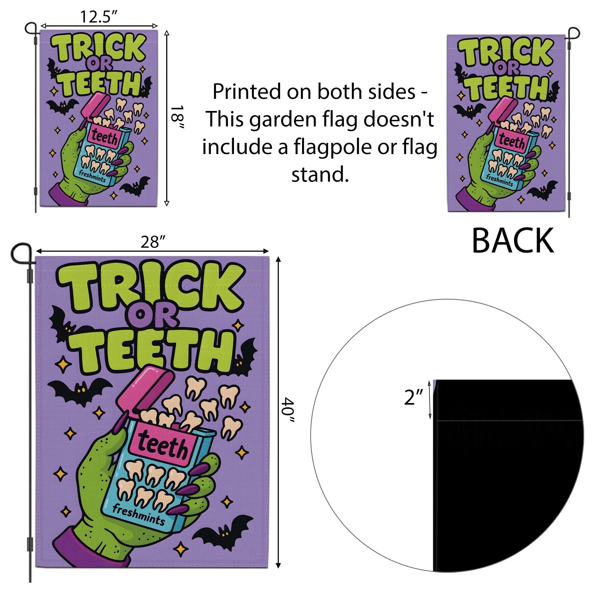 Trick or Teeth Halloween Garden Flag | Funny Green Hand, Candy Teeth & Bats Outdoor Decor