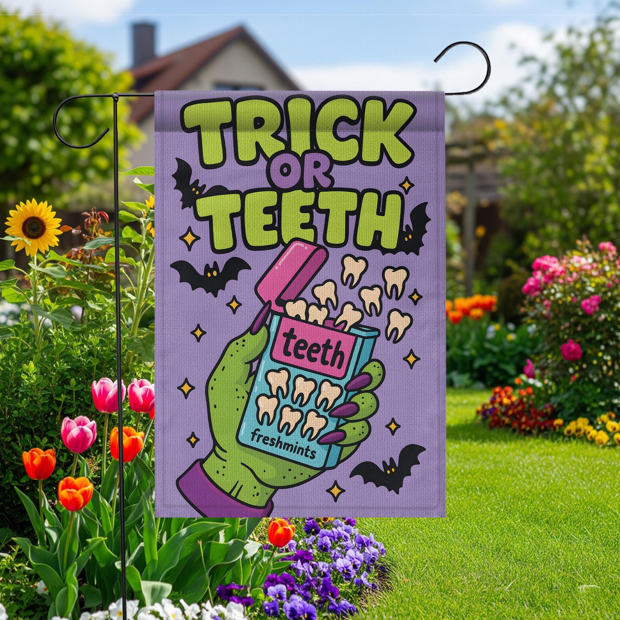 Trick or Teeth Halloween Garden Flag | Funny Green Hand, Candy Teeth & Bats Outdoor Decor