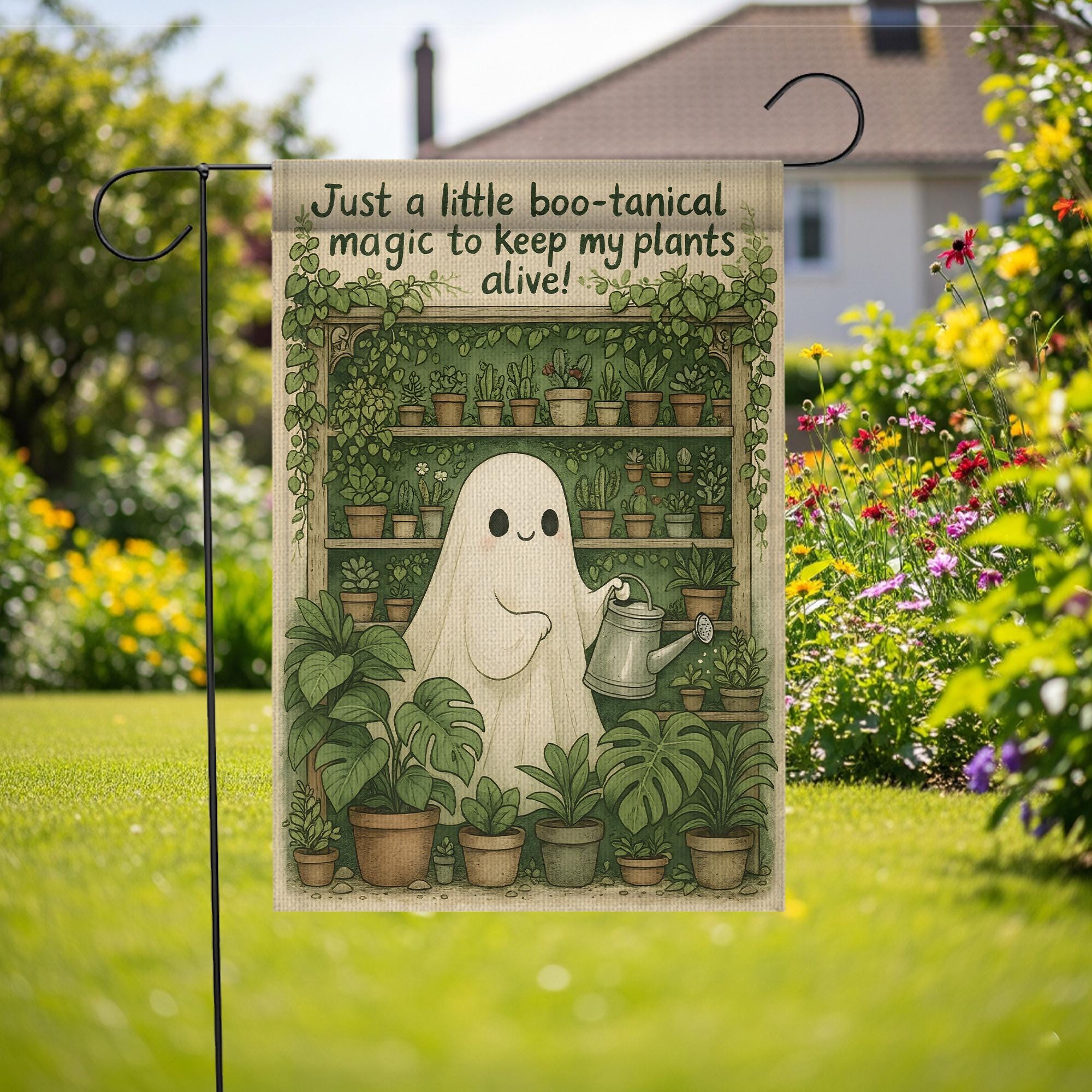 Just a Little Boo‑tanical Magic Ghost Garden Flag | Halloween Plant Lover Decor
