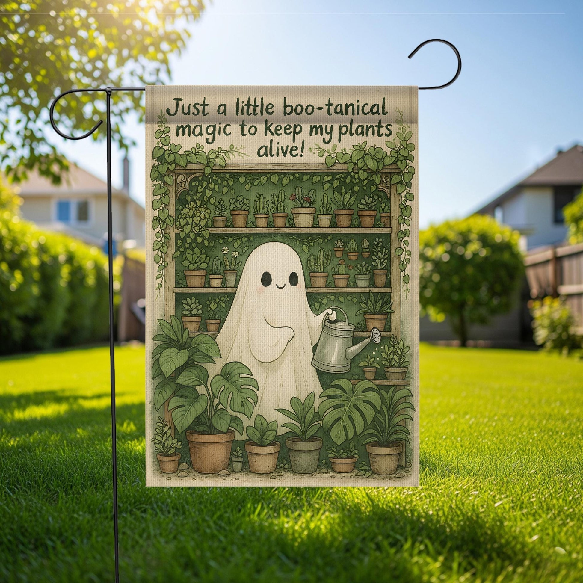 Just a Little Boo‑tanical Magic Ghost Garden Flag | Halloween Plant Lover Decor