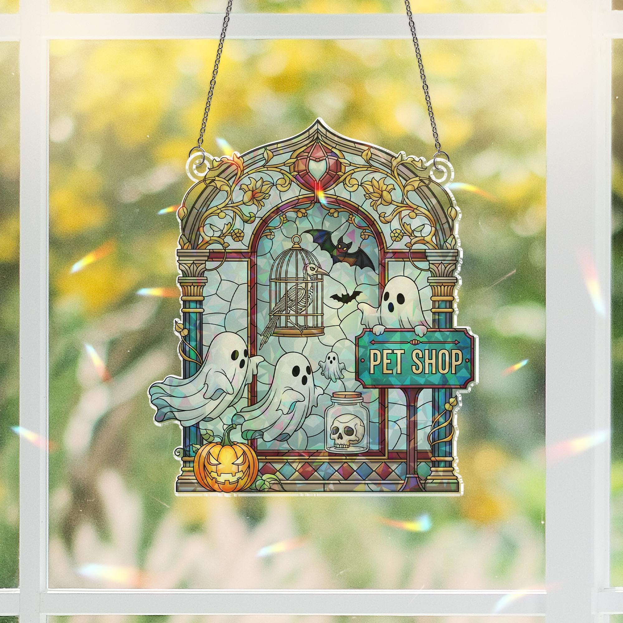 Haunted Pet Shop Suncatcher – Holographic Acrylic Halloween Window Decor with Ghosts, Bats, and Pumpkin