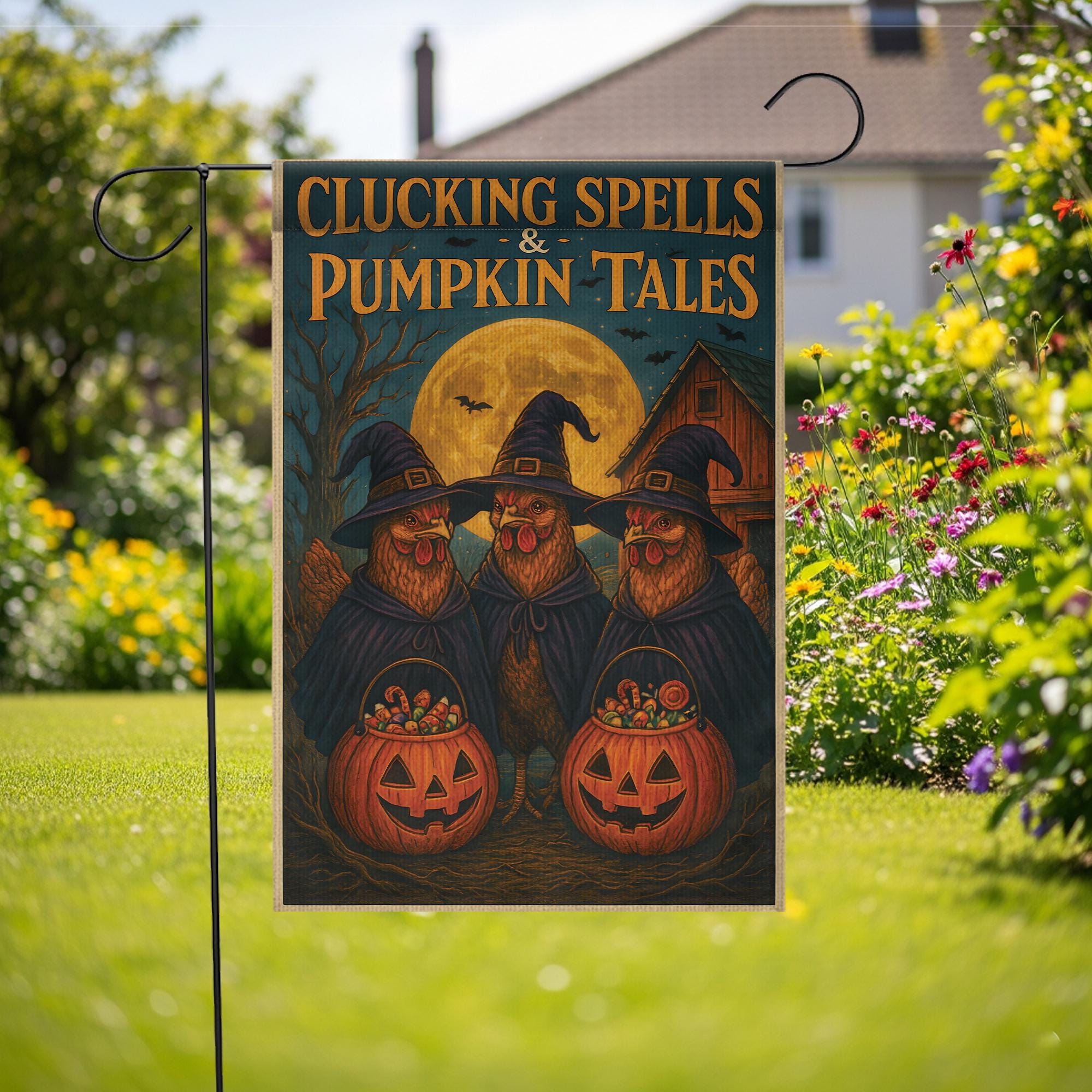 Clucking Spells and Pumpkin Tales Halloween Garden Flag | Witch Chickens in Witch Hats & Jack‑o‑Lantern Decor