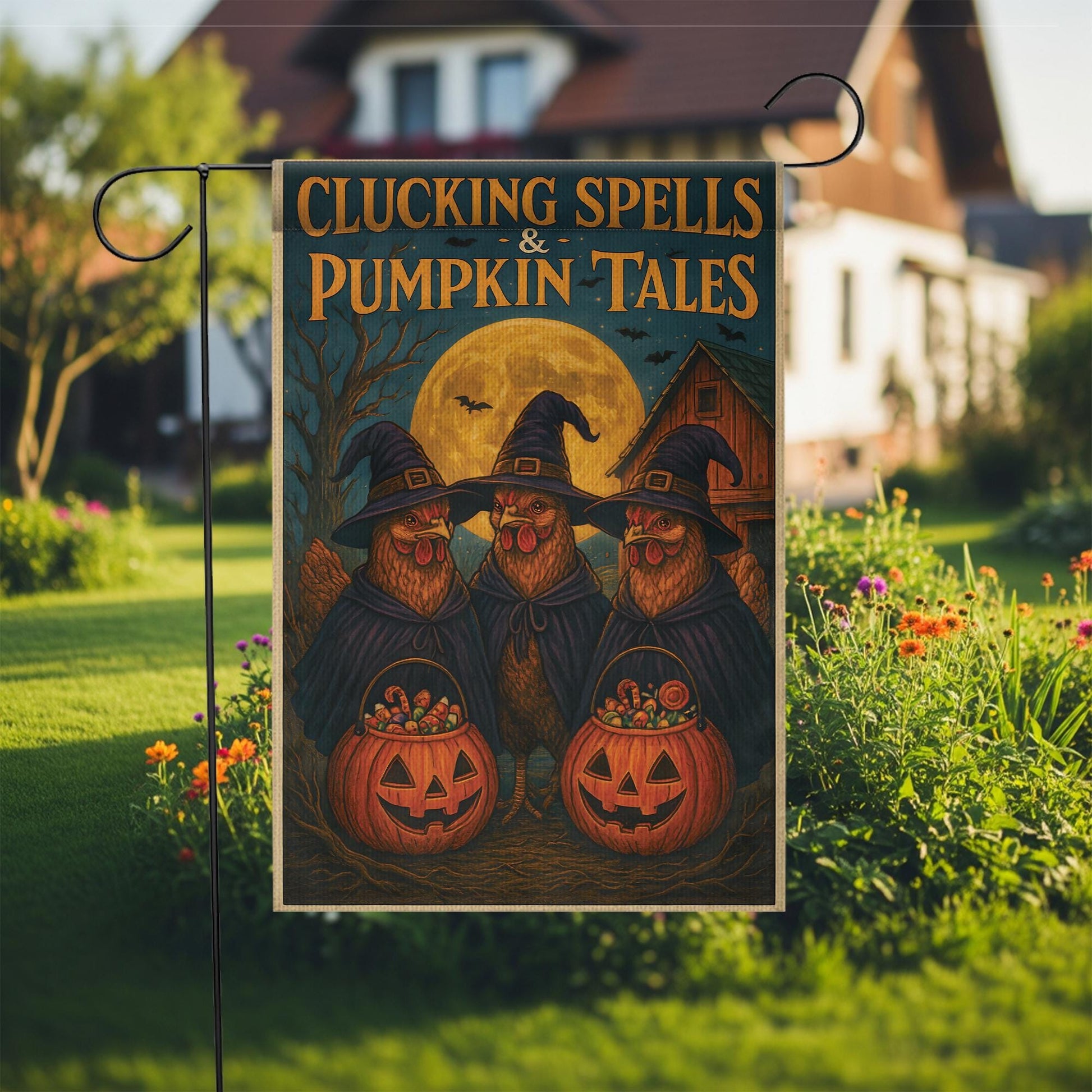 Clucking Spells and Pumpkin Tales Halloween Garden Flag | Witch Chickens in Witch Hats & Jack‑o‑Lantern Decor