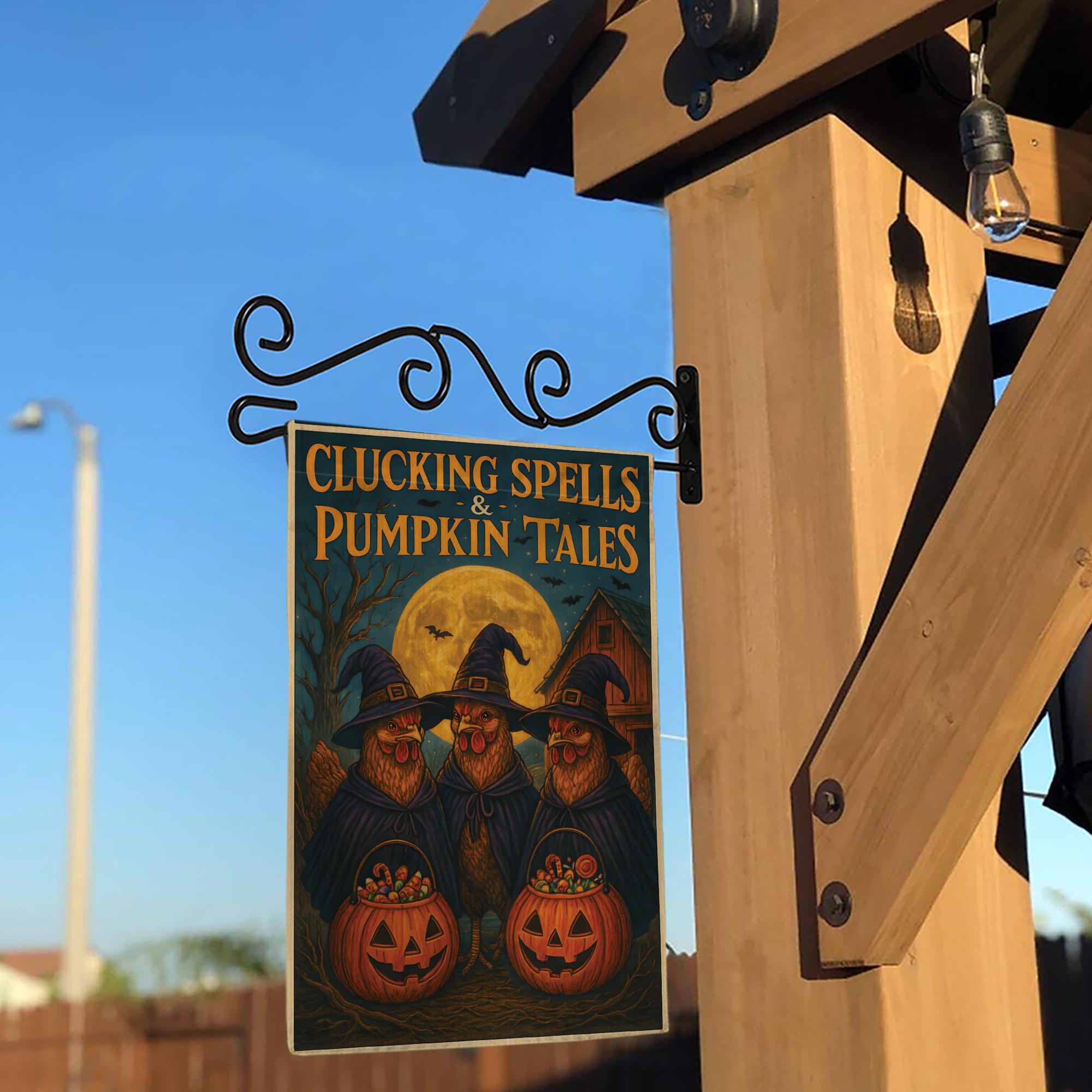 Clucking Spells and Pumpkin Tales Halloween Garden Flag | Witch Chickens in Witch Hats & Jack‑o‑Lantern Decor