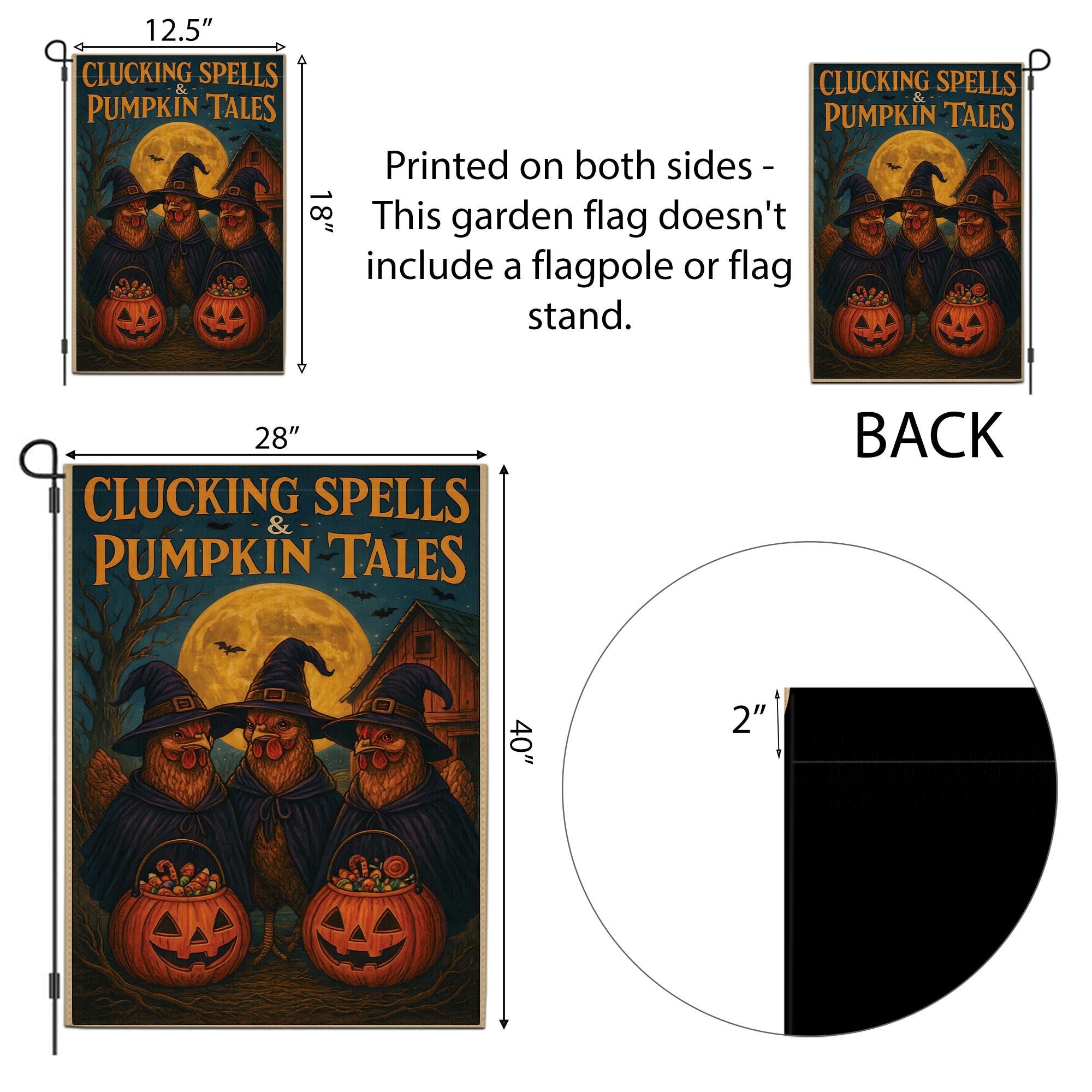 Clucking Spells and Pumpkin Tales Halloween Garden Flag | Witch Chickens in Witch Hats & Jack‑o‑Lantern Decor
