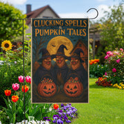 Clucking Spells and Pumpkin Tales Halloween Garden Flag | Witch Chickens in Witch Hats & Jack‑o‑Lantern Decor